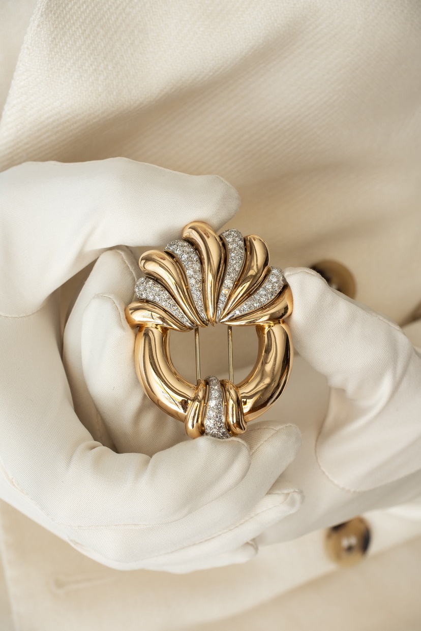 Vintage Diamond & Gold brooch in hands