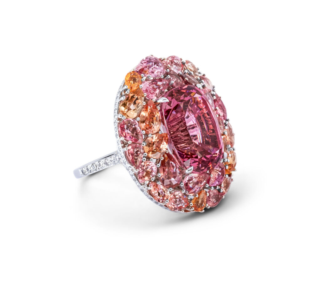 13.66-Carat Pink Spinel Ring with Padparadscha Sapphires