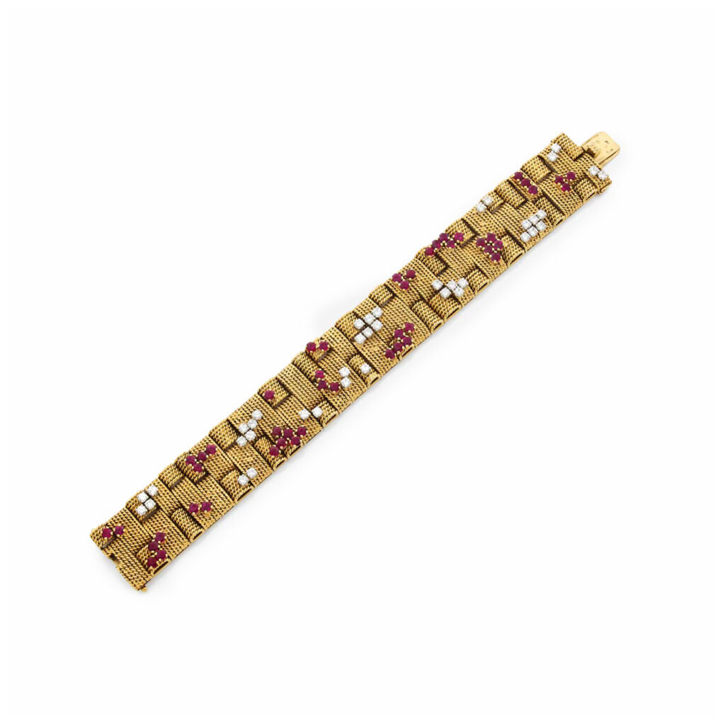 Vintage Ruby Diamond Twisted Ribbon Gold Bracelet 1970s