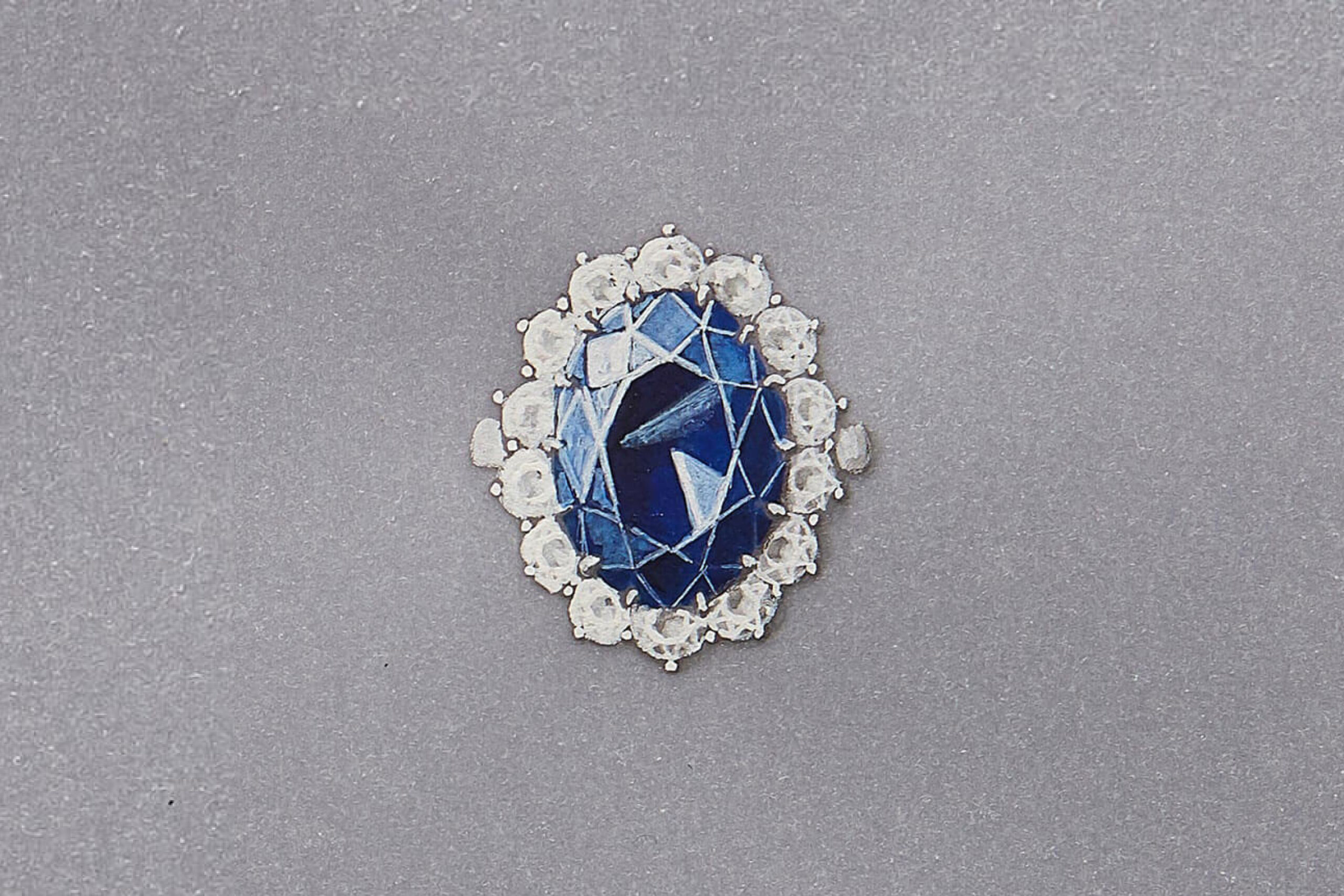 An elegant sapphire ring surrounded by diamonds, inspired by Princess Diana’s style.