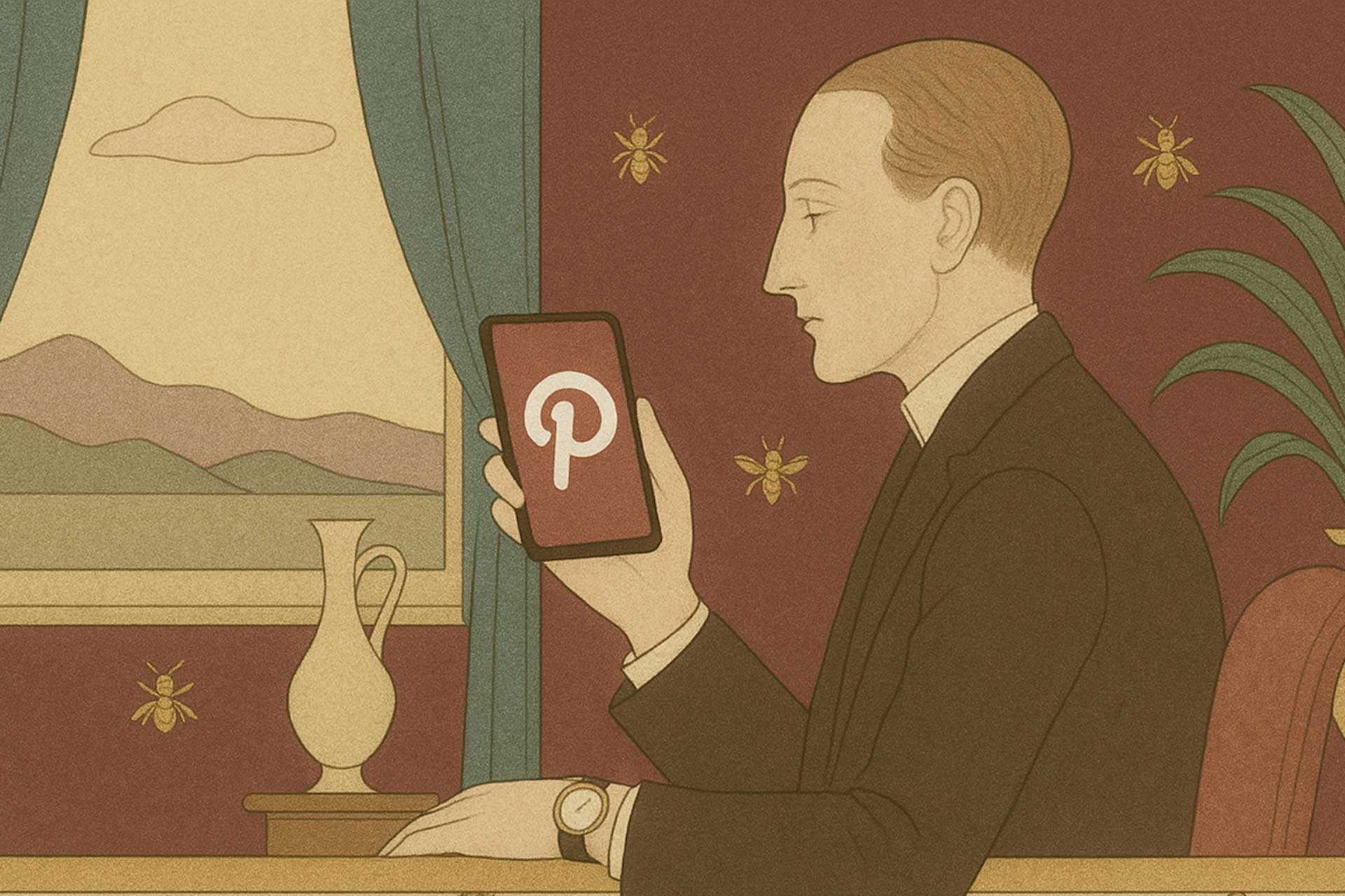 A man holding a phone with pinterest