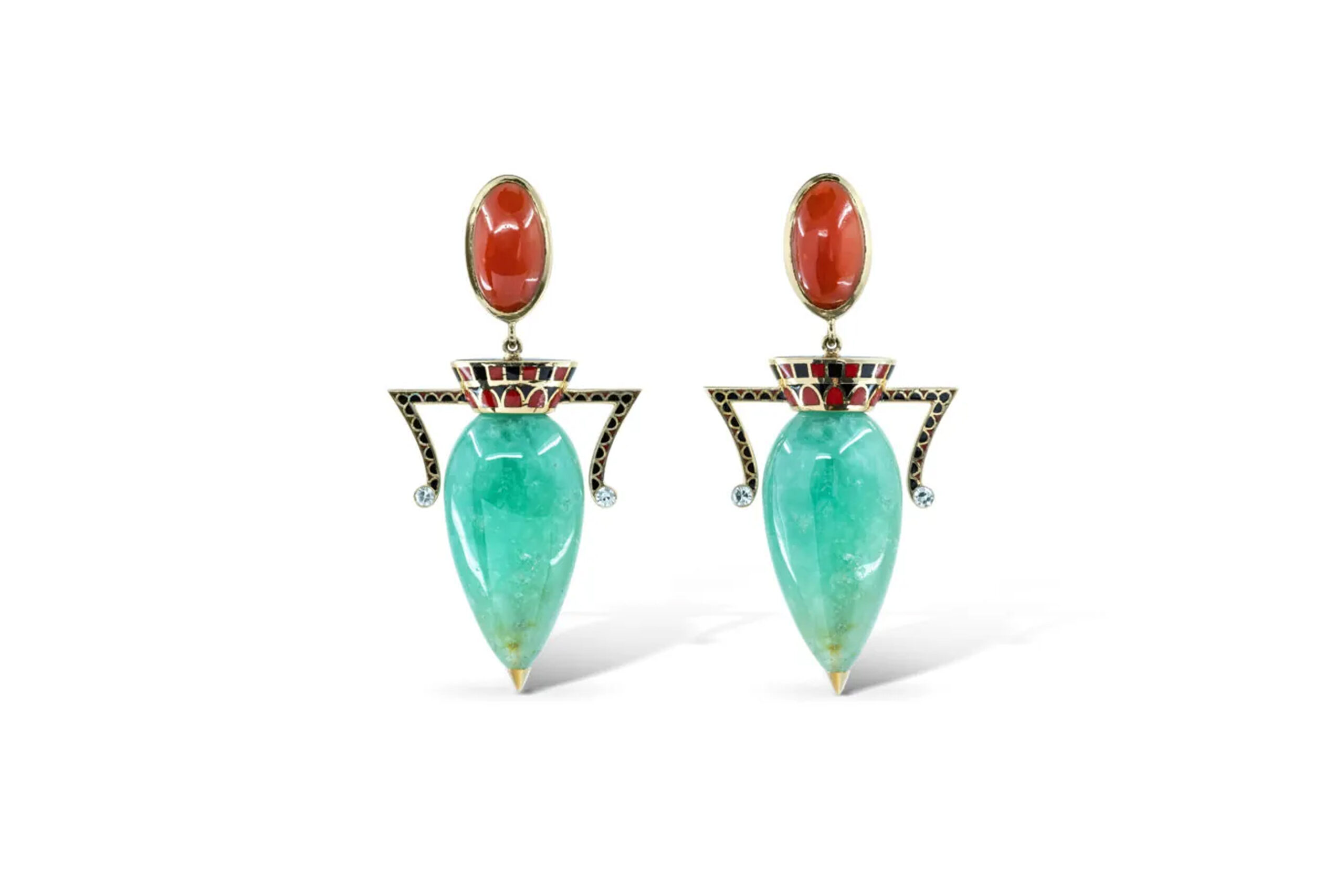 Earrings with Coral, Enamel, and Cabochon Emeralds on white background
