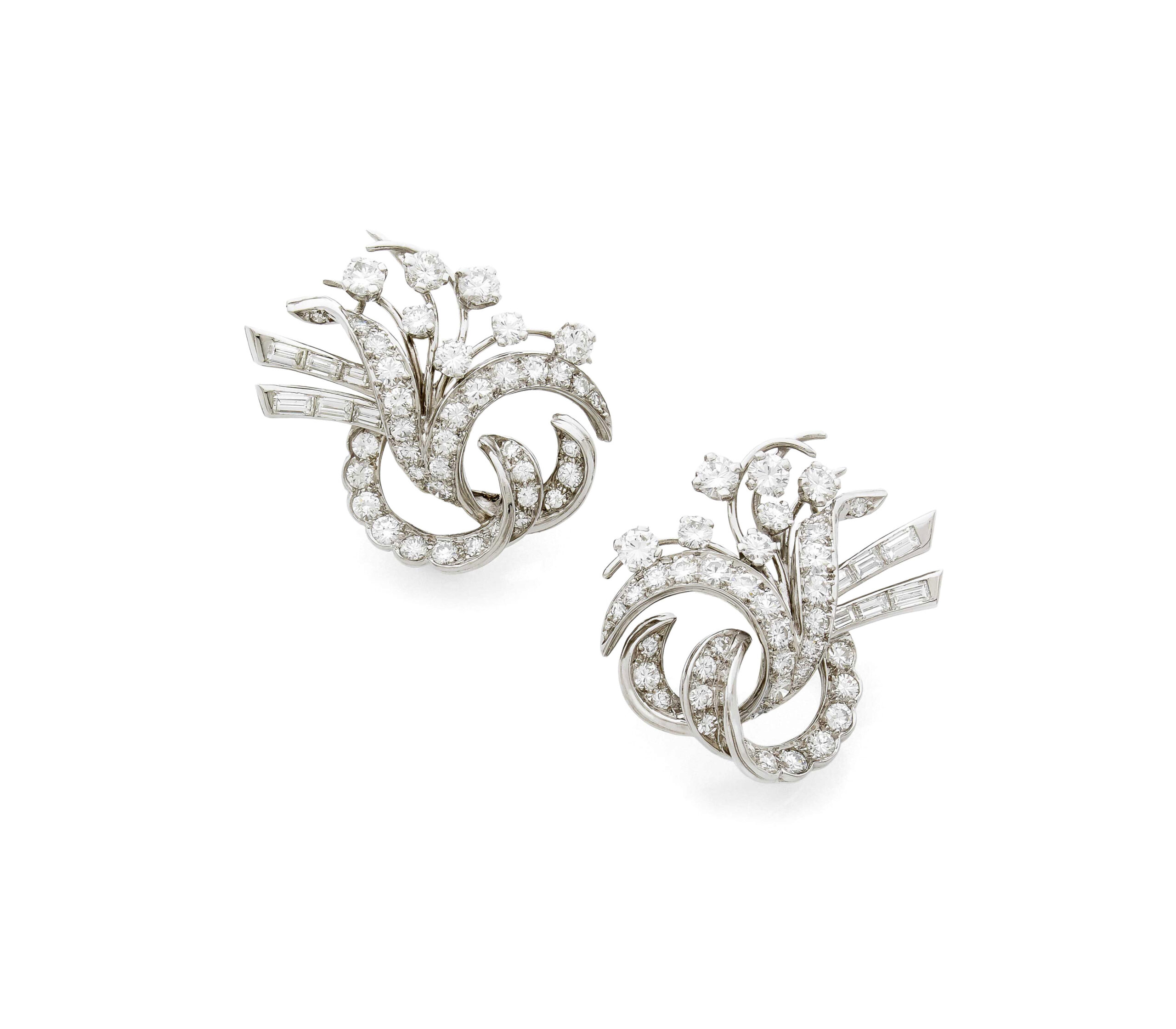 Diamond Floral Earclips in Platinum and White Gold 1950s