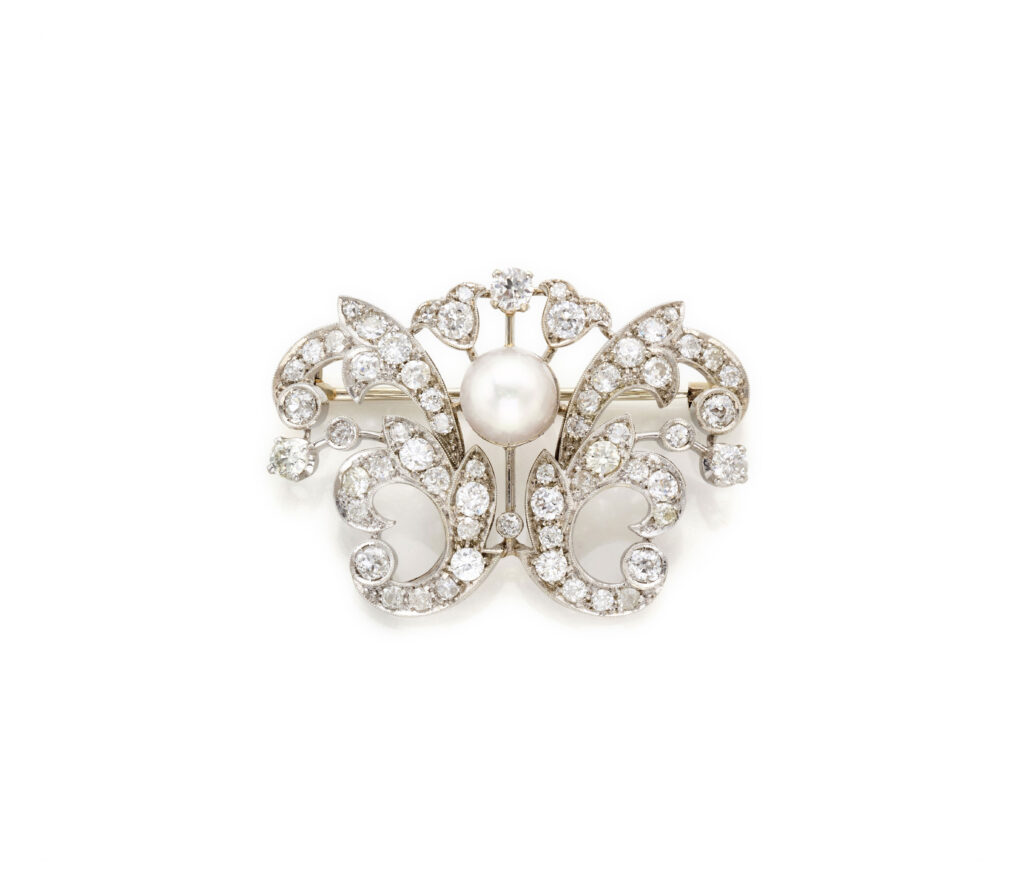 Pearl and Old Mine Diamond Brooch in Platinum and Gold