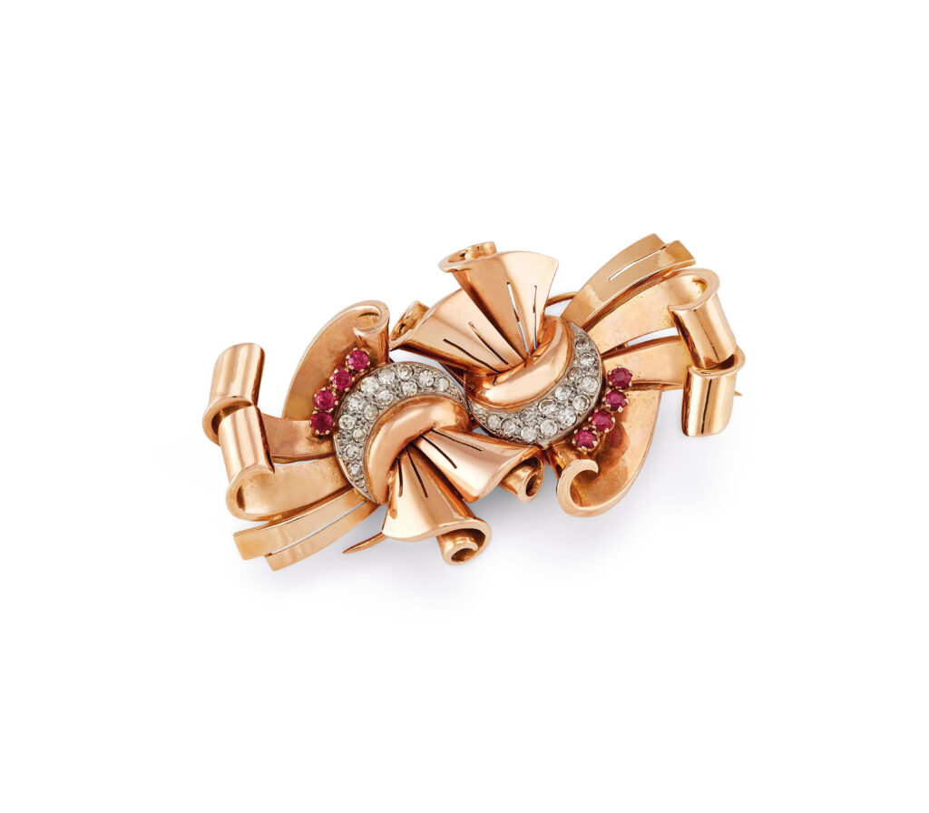 Diamond and Ruby Double Clip Brooch