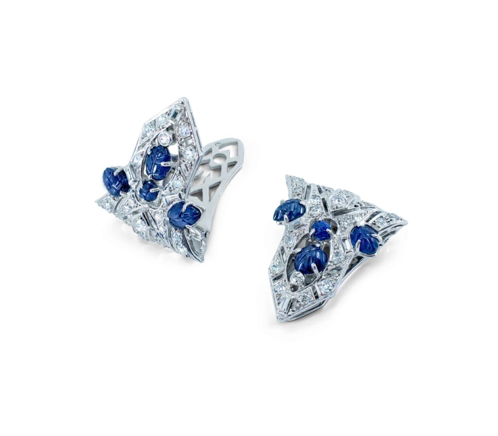 French Art Deco Diamond Sapphire Earrings and Brooches