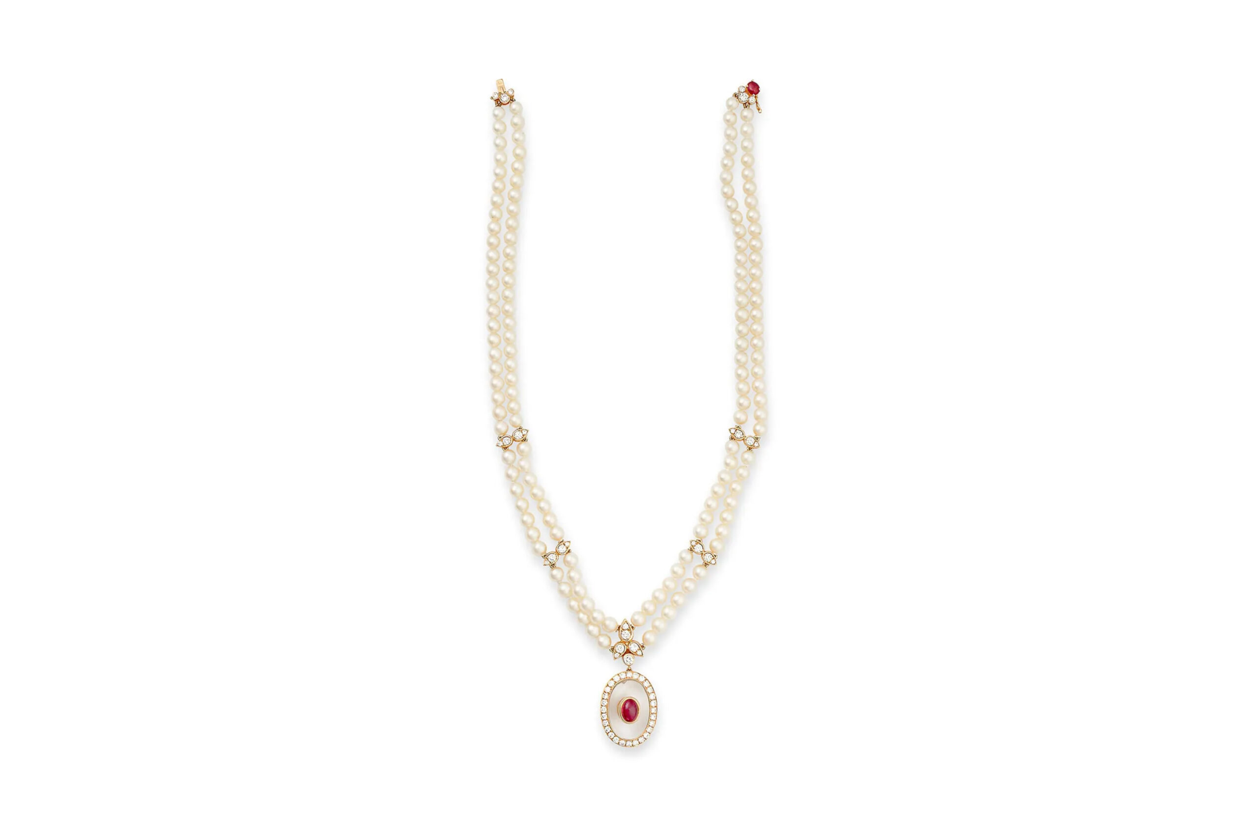 Van Cleef & Arpels Pearl, Rock Crystal, Ruby and Diamond Necklace on the white background