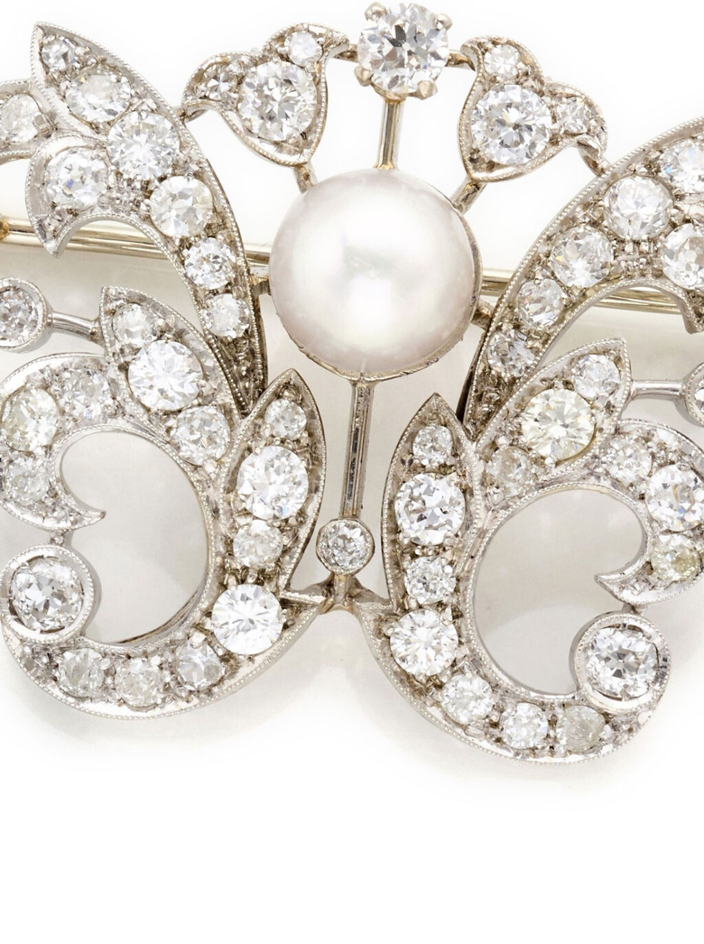 Pearl and Old Mine Diamond Brooch in Platinum and Gold