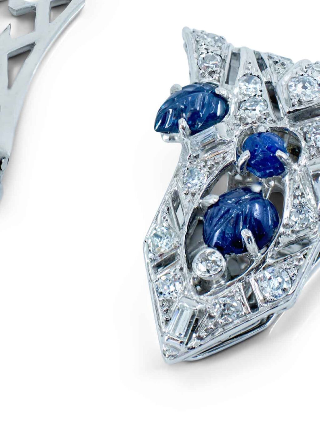 French Art Deco Diamond Sapphire Earrings and Brooches