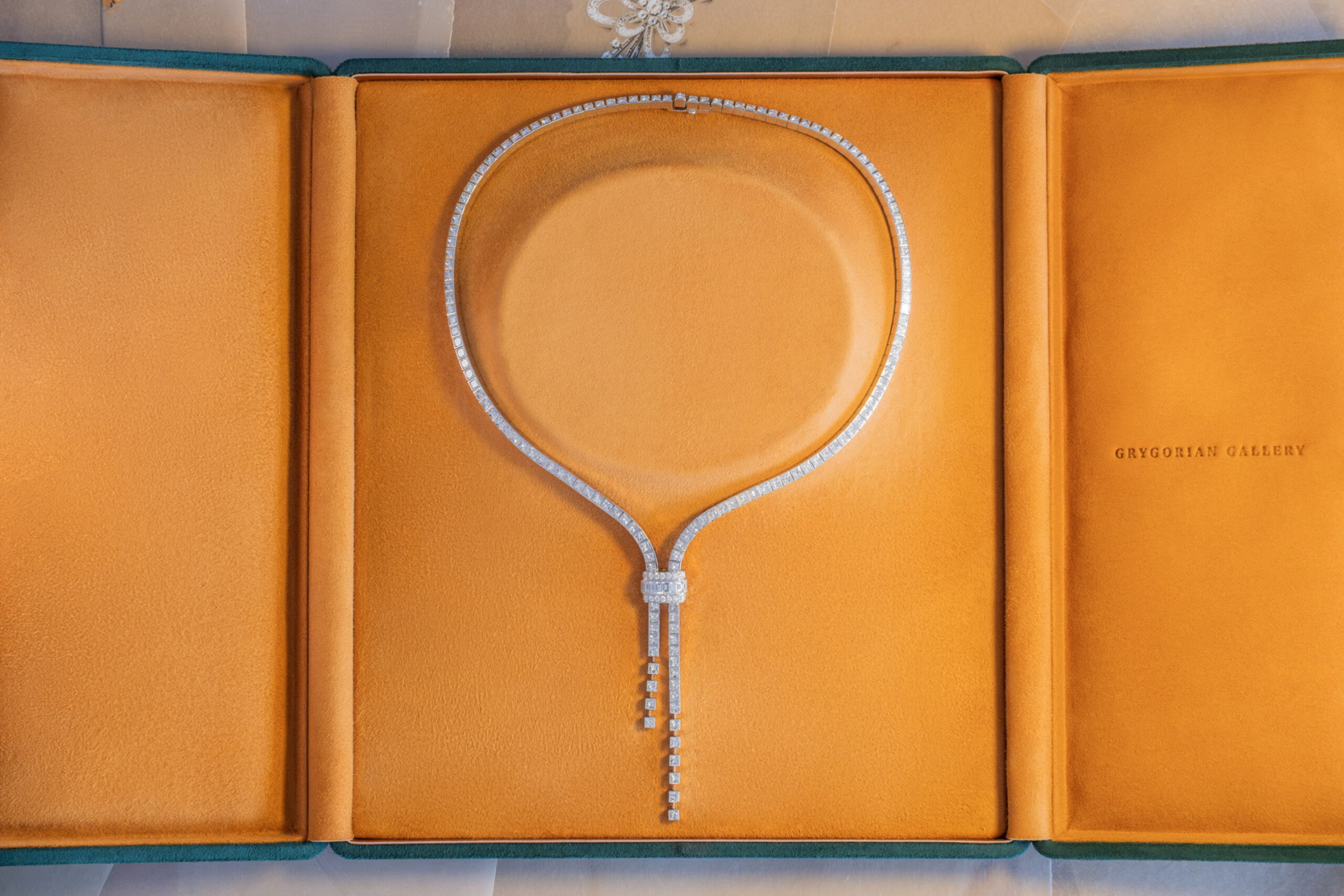 Boucheron Mosaique Delilah Necklace With Diamonds on White Background in Branded Box