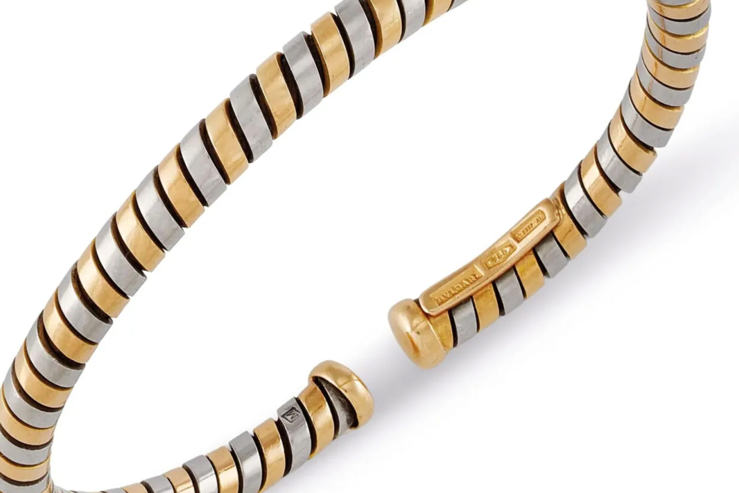Bulgari Spring Bangle Bracelet in Gold and Steel on white background