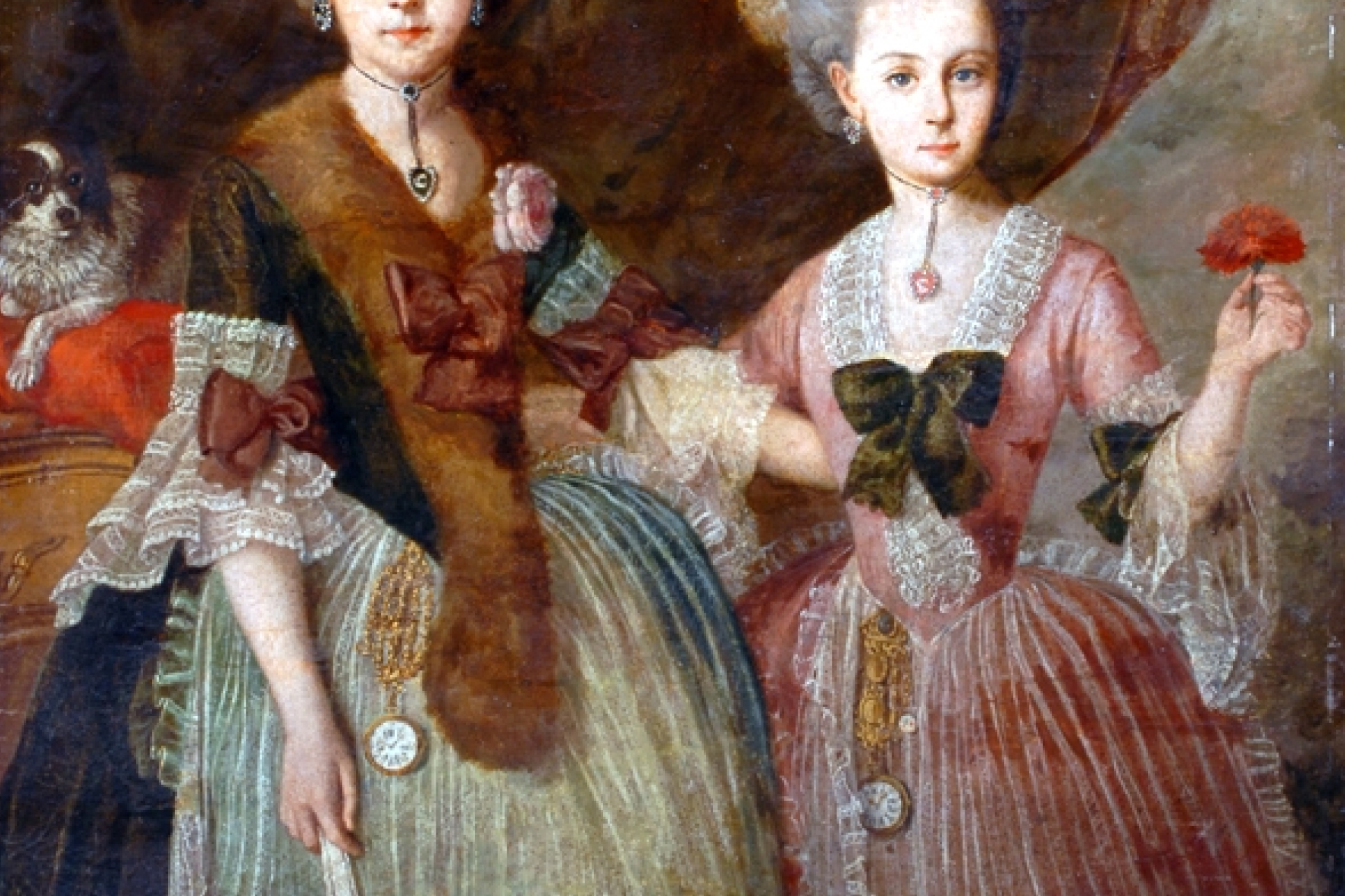 Two ladies, one holding a fan and the other a rose, by an unknown French painter