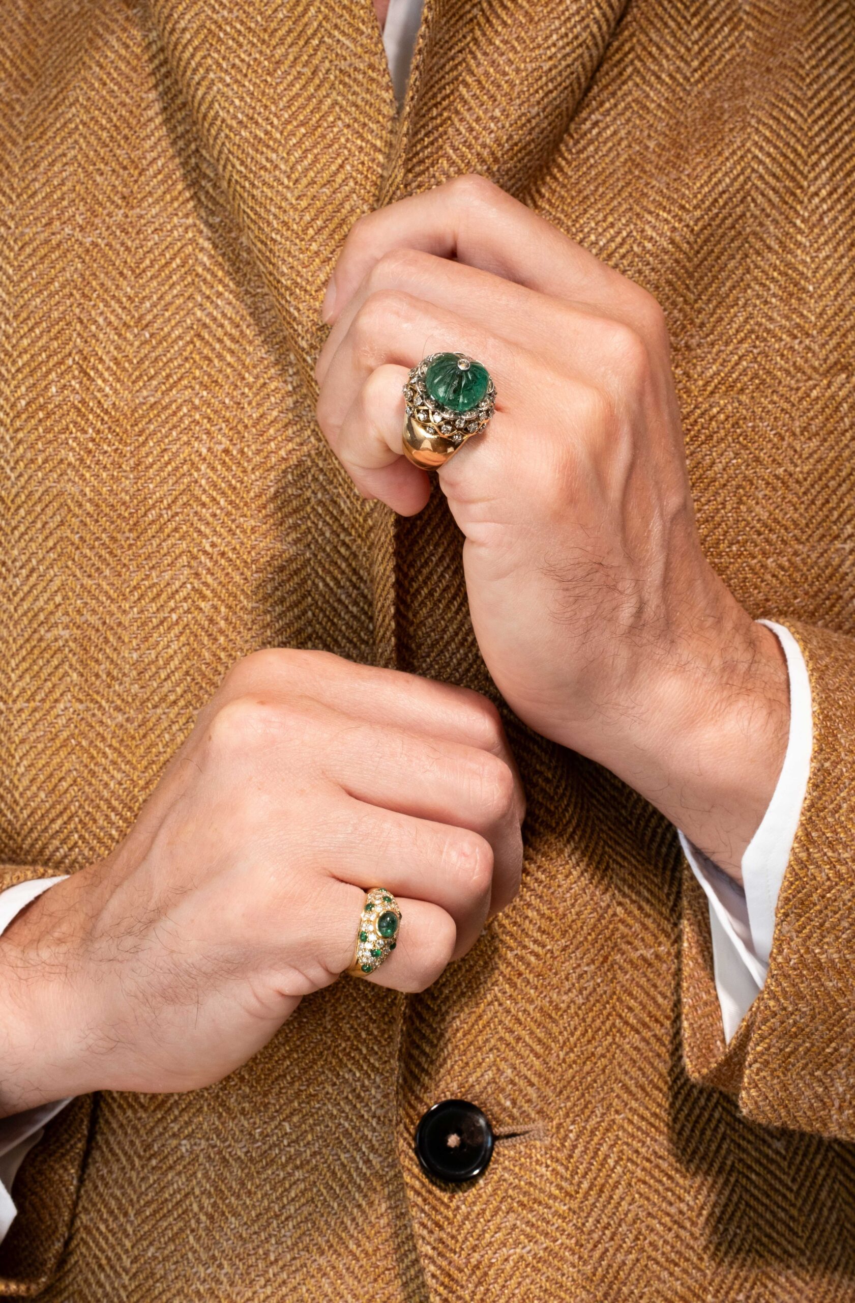 Mellerio dits Meller “Chardon” Ring on the Finger of Eduard Grygorian in an orange suit