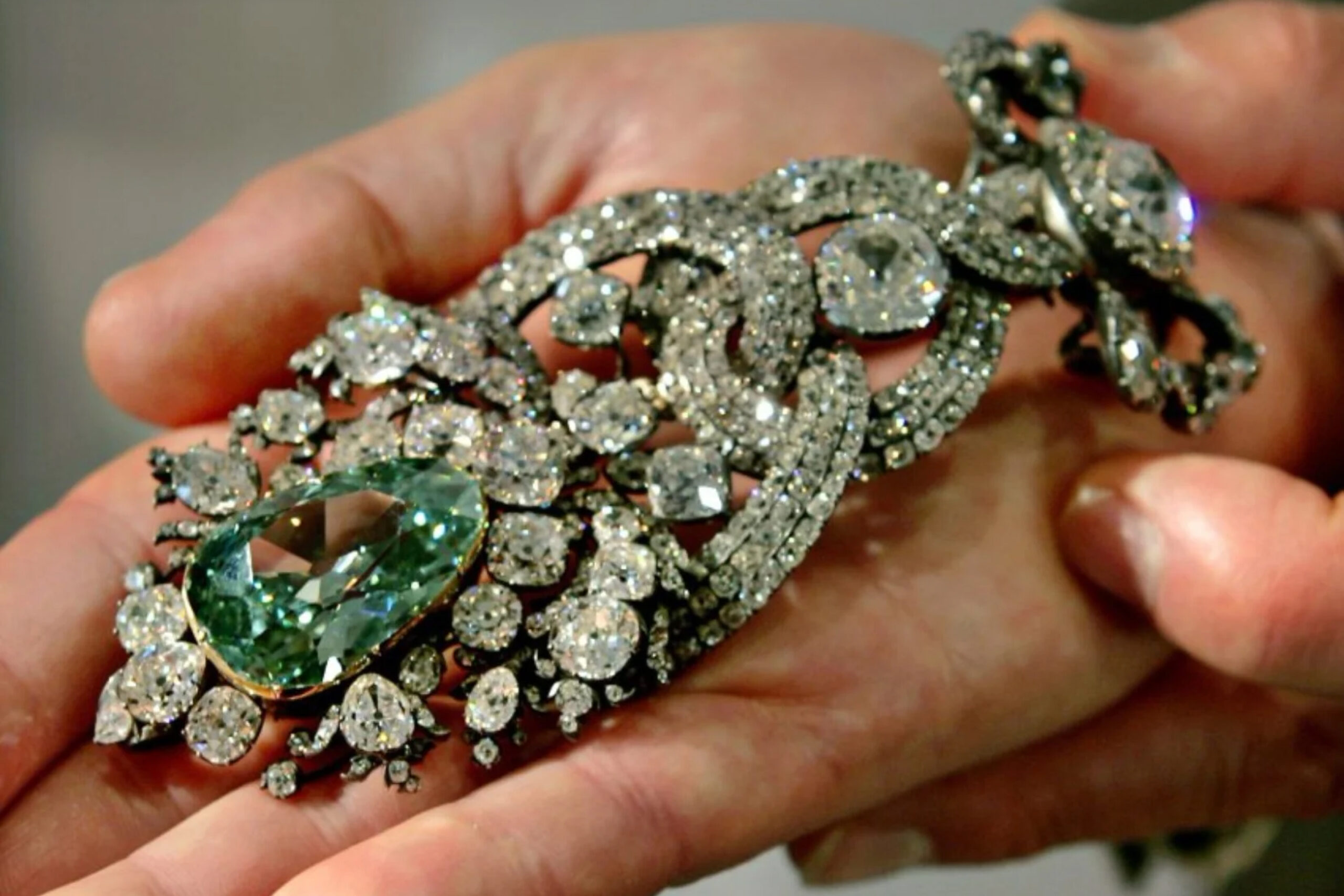 The Dresden Green is a 41-carat natural green diamond that was found the mines of India before 1722, on hands