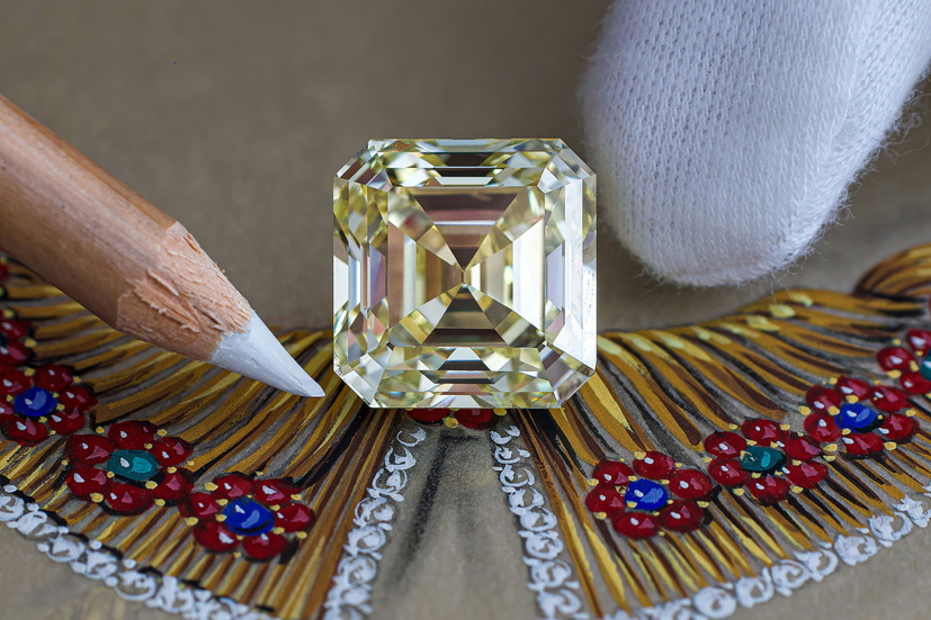28.88 Carat Fancy Intense Yellow Diamond on the sketch