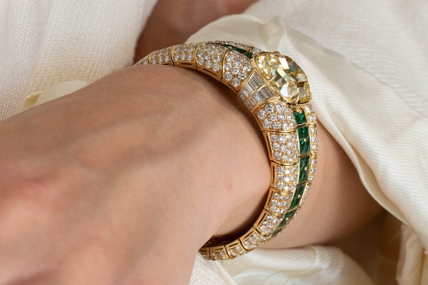 Bulgari Coloured Diamond and Emerald Bangle Bracelet on Woman