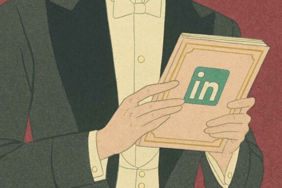 Art Deco style illustration of a man in a tuxedo cropped from the shoulders down, holding an elegant notebook with the LinkedIn logo on the cover.