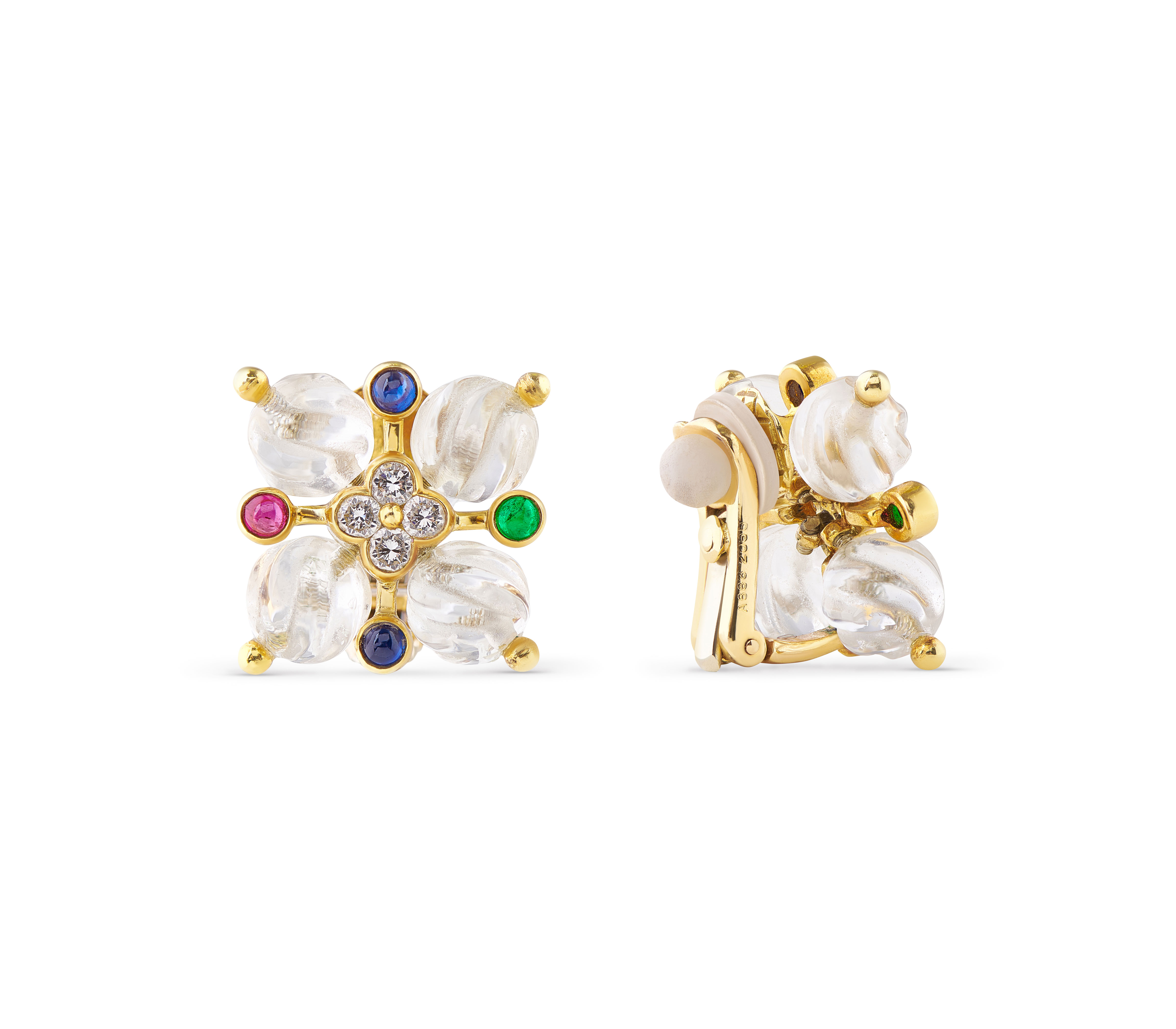 Boucles d’oreilles clips Boucheron en cristal de roche et pierres précieuses