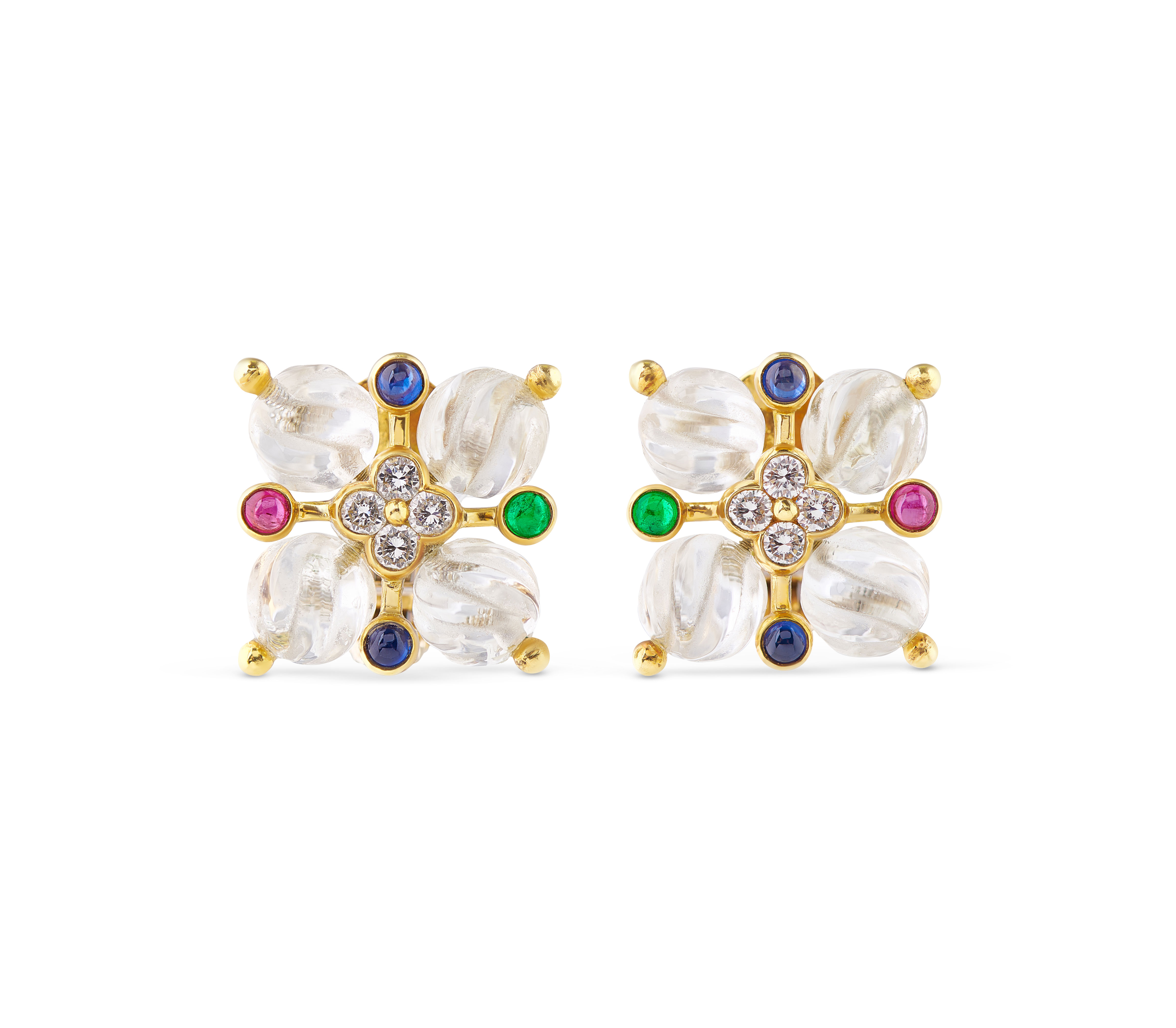 Boucles d’oreilles clips Boucheron en cristal de roche et pierres précieuses