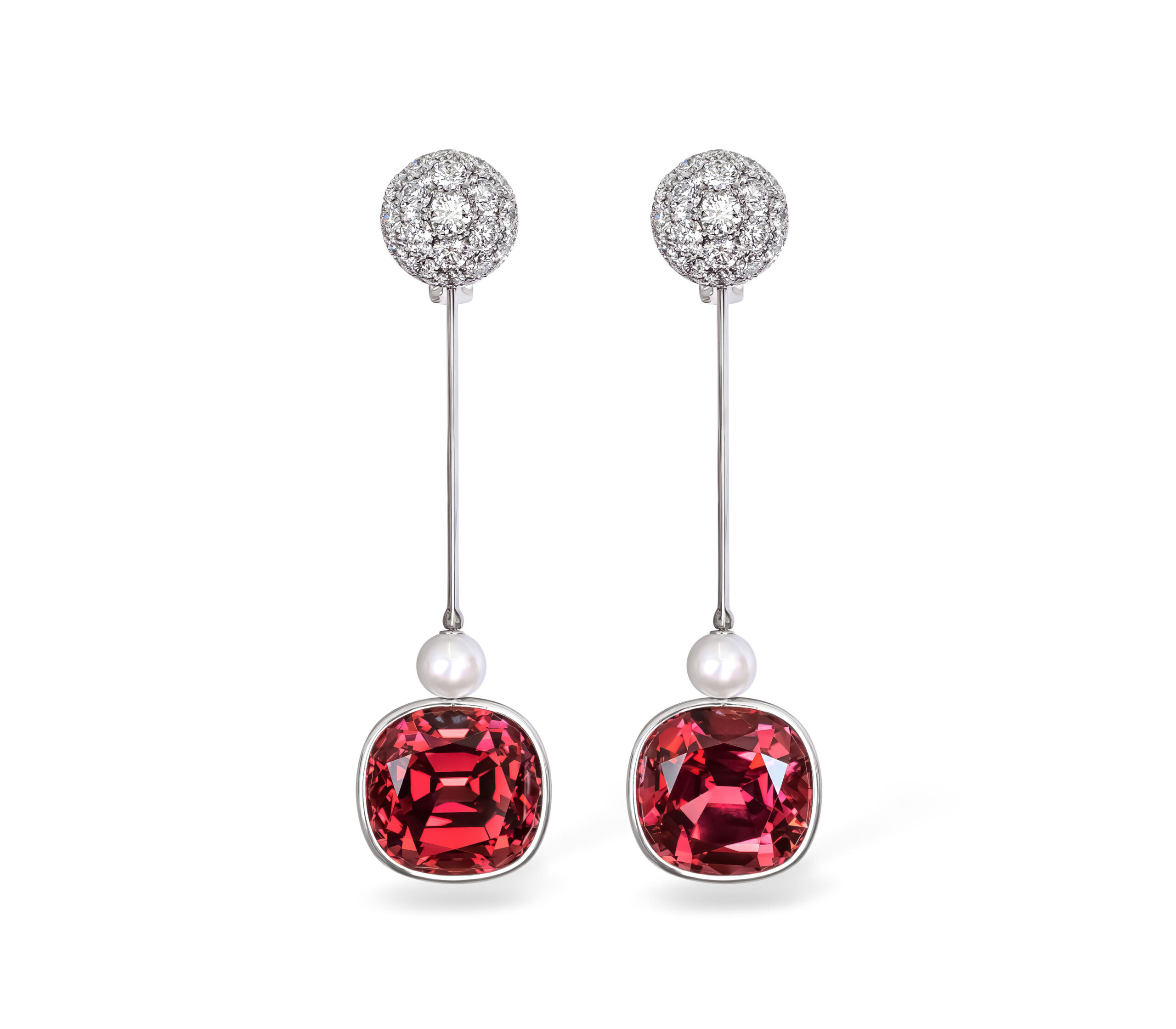 One-of-a-Kind Garnet and Diamond Drop Earrings on the white background.