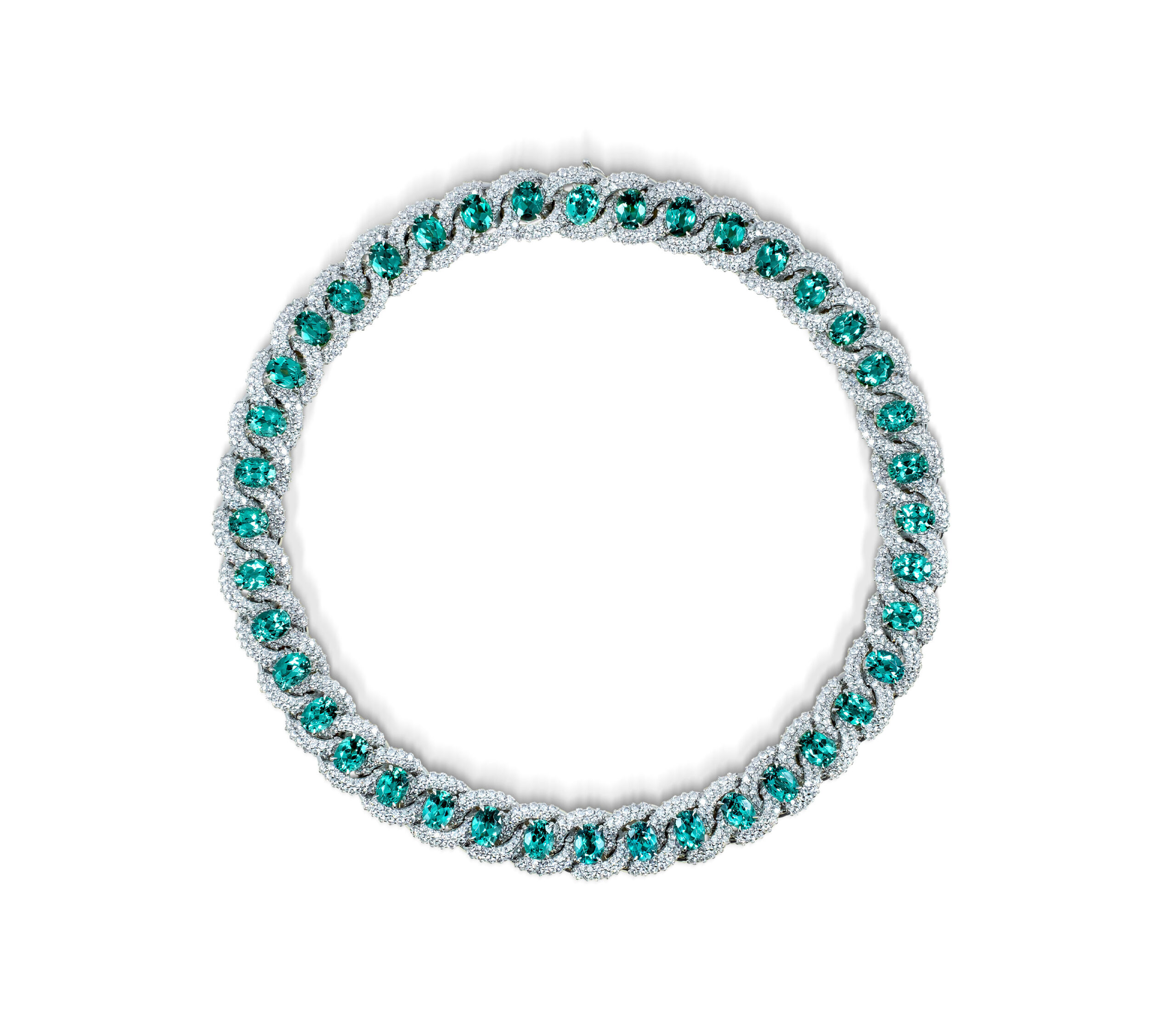 Lagoon tourmaline & diamonds necklace in the white background.