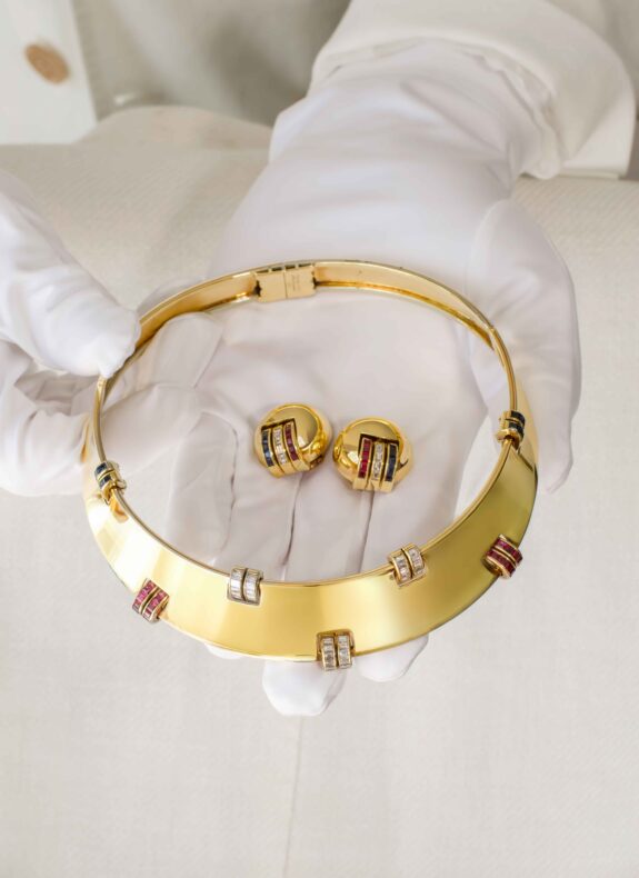 Trabucco Milano Golden Sphere Earrings with Diamonds, Sapphires and Rubies