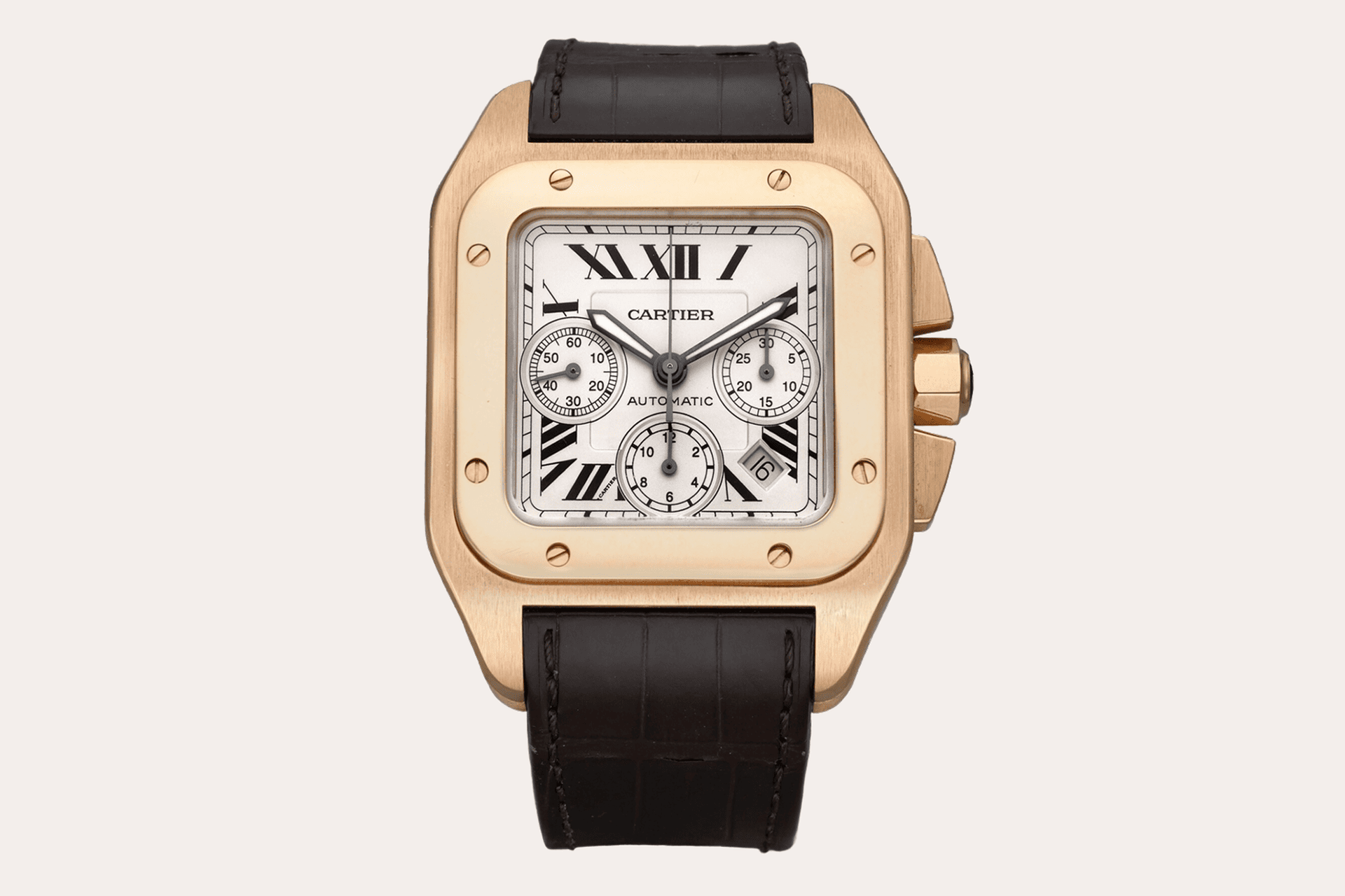 The image shows a gold square watch with a black leather strap and Roman numerals.