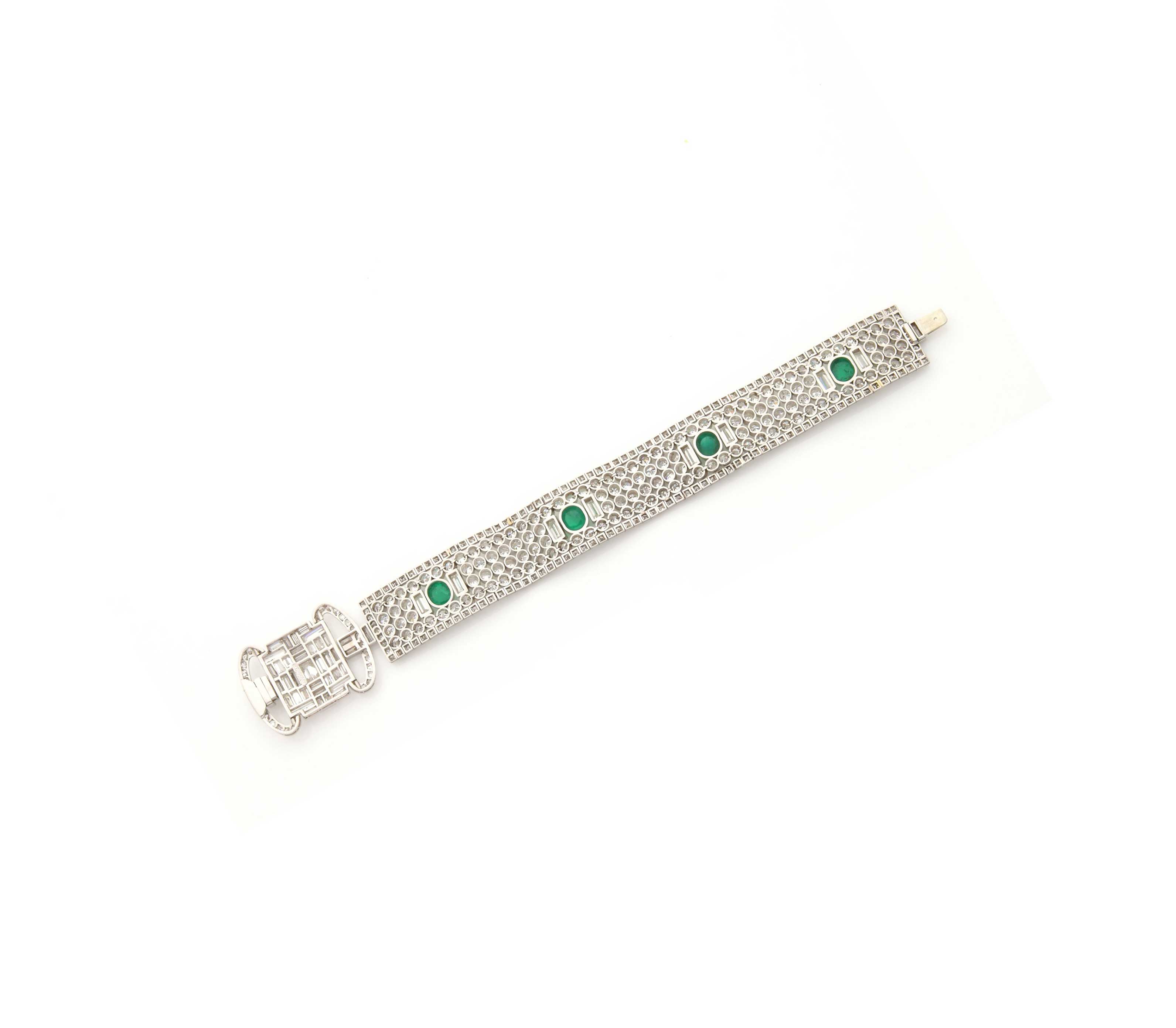 1920s Platinum Diamond Ribbon Bracelet with Emeralds