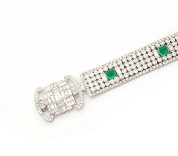 1920s Platinum Diamond Ribbon Bracelet with Emeralds