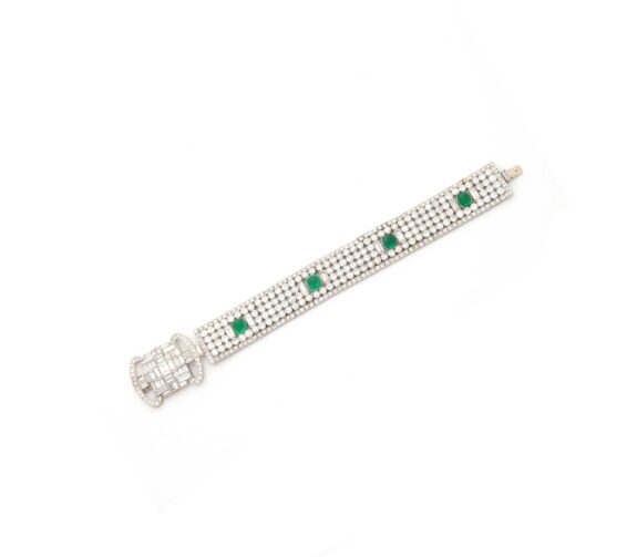 1920s Platinum Diamond Ribbon Bracelet with Emeralds