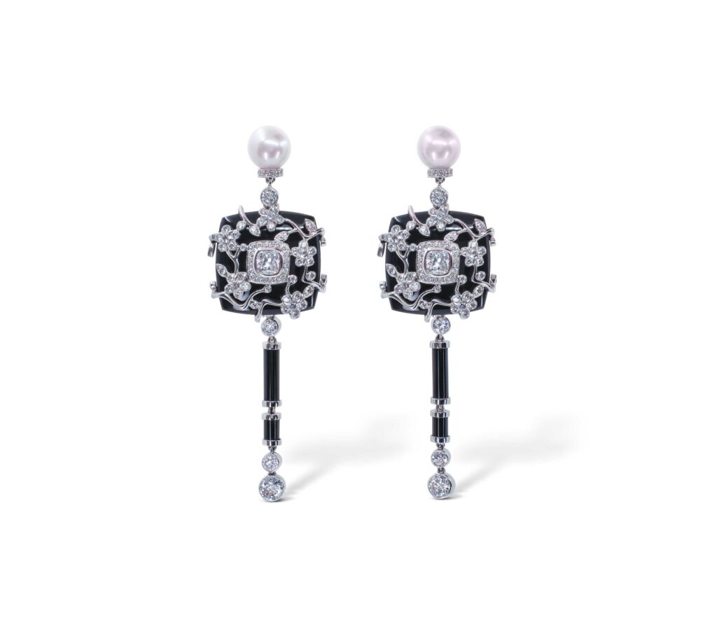 Chanel Onyx, Pearls and Diamonds Pendant Earrings