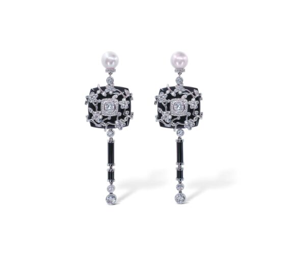Chanel Onyx, Pearls and Diamonds Pendant Earrings