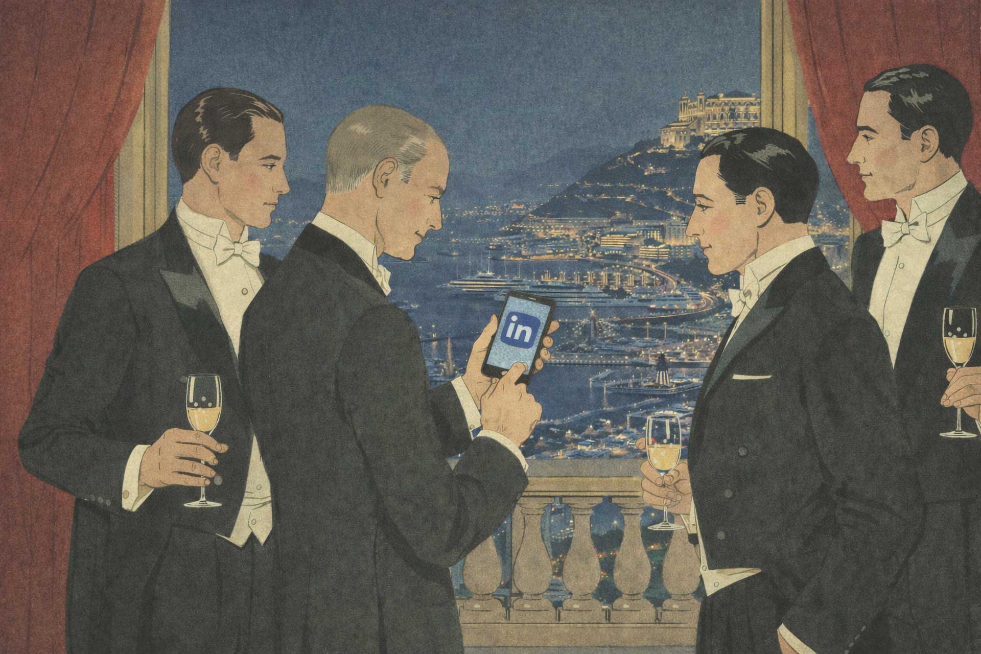 Men on balcony in Monaco looking at the phone with linkedin logo in it