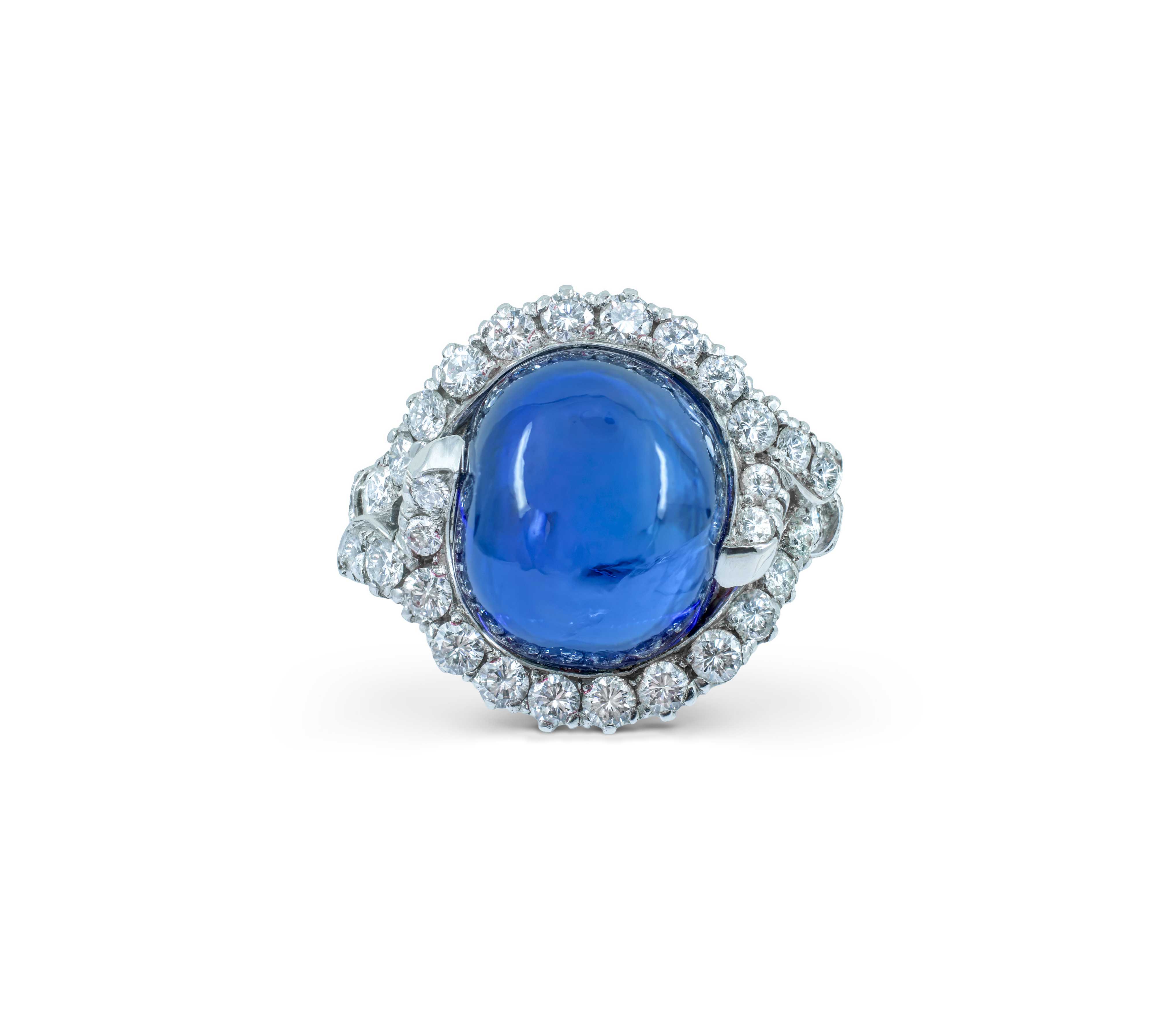 Platinum Ceylon Sapphire Cabochon and Diamond Ring