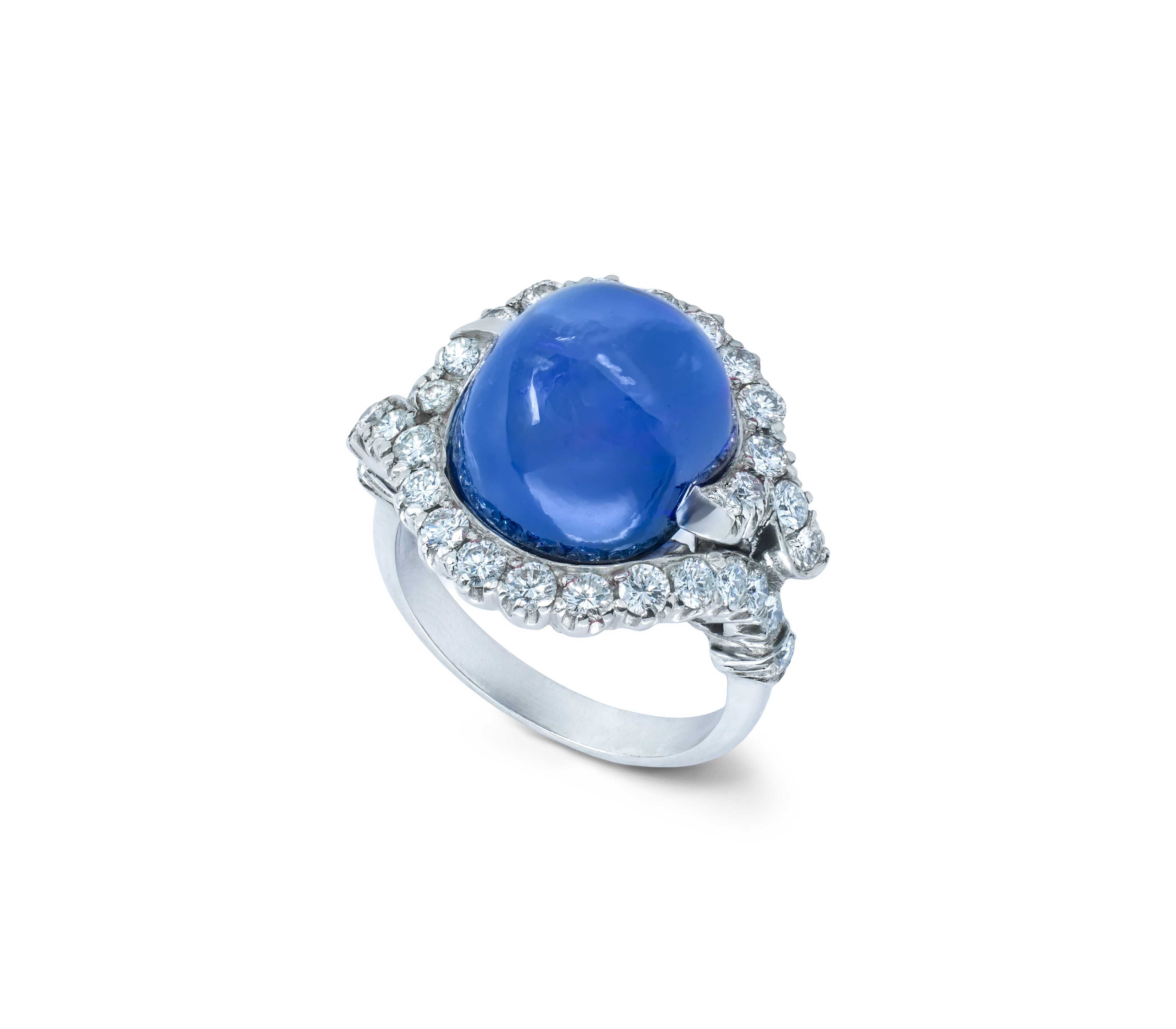 Platinum Ceylon Sapphire Cabochon and Diamond Ring
