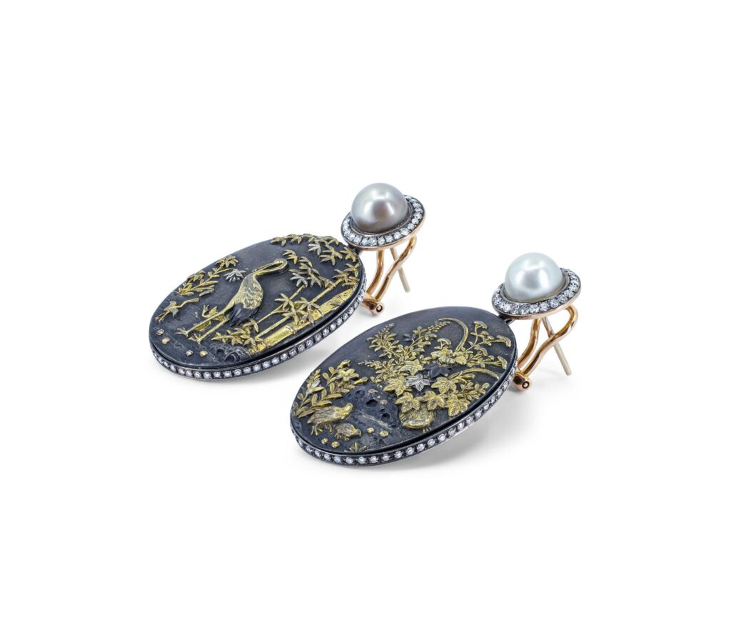 Shakudo Pearl & Diamond Earrings