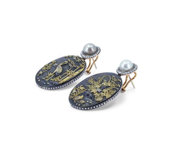 Shakudo Pearl & Diamond Earrings