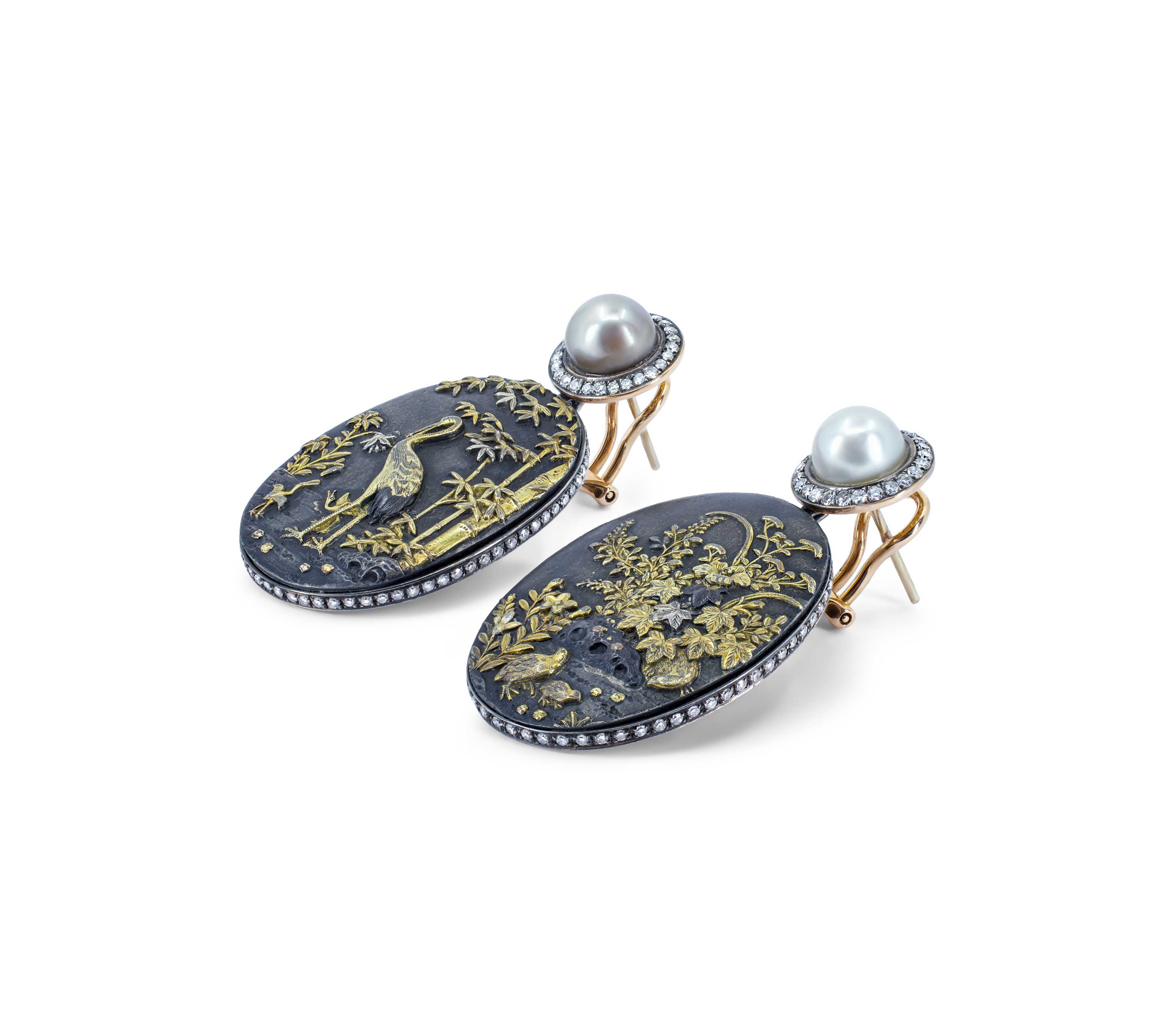 Shakudo Pearl & Diamond Earrings