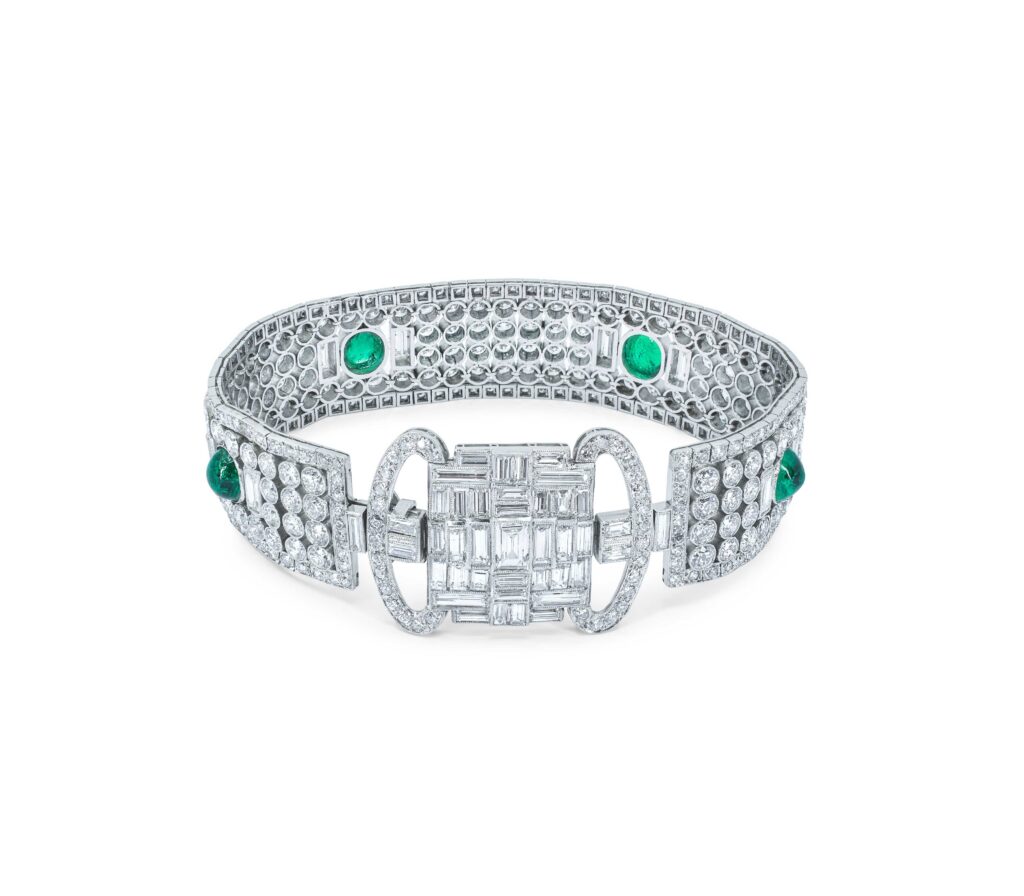 1920s Platinum Diamond Ribbon Bracelet with Emeralds