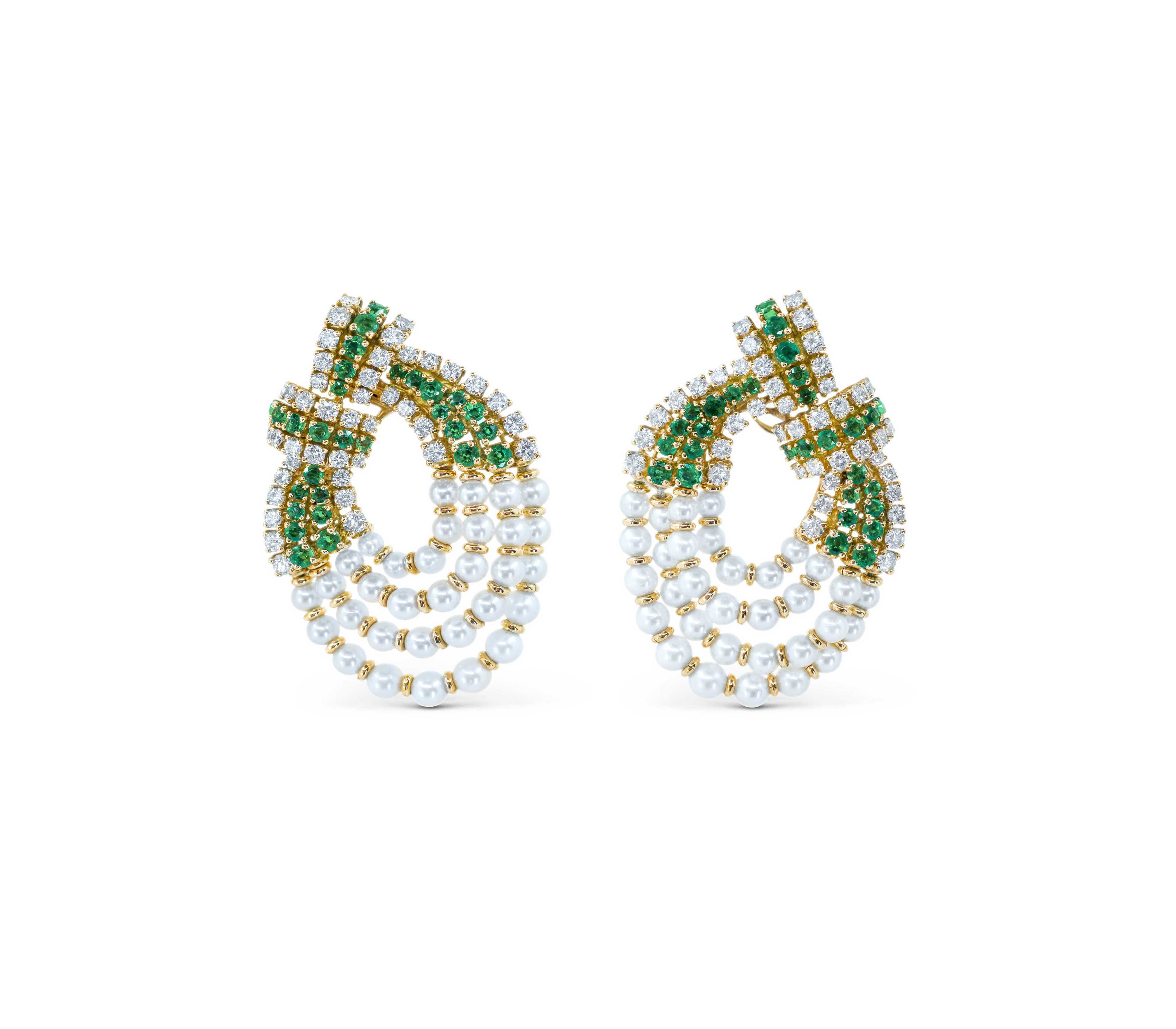 Chaumet Diamond, Pearl & Emerald Platinum & 18K Yellow Gold Clip Earrings