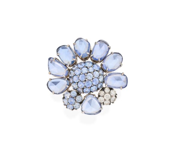 Sapphire & Diamond Flower White Gold Ring