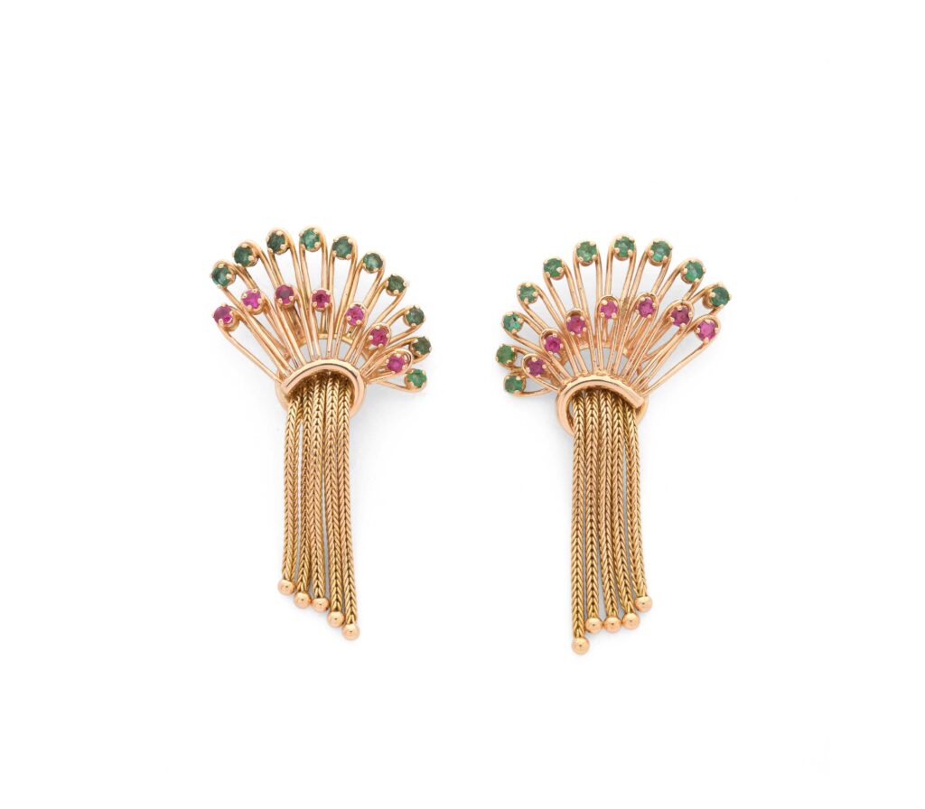 Vintage Ruby & Emerald Gold Ear Pendants