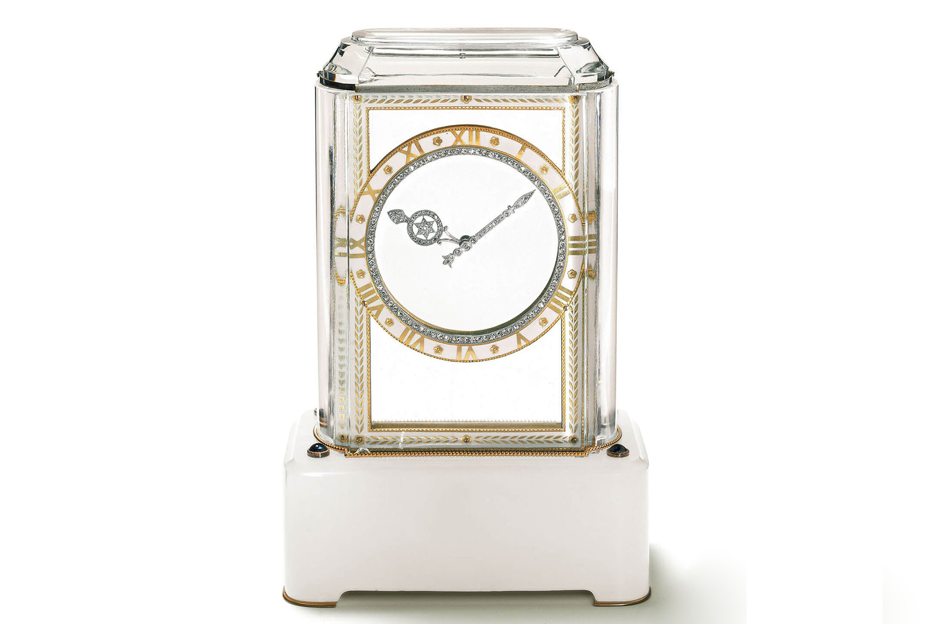 Model A Cartier Mystery Clock from 1912 featuring platinum, gold, white agate, rock crystal, sapphires, rose-cut diamonds