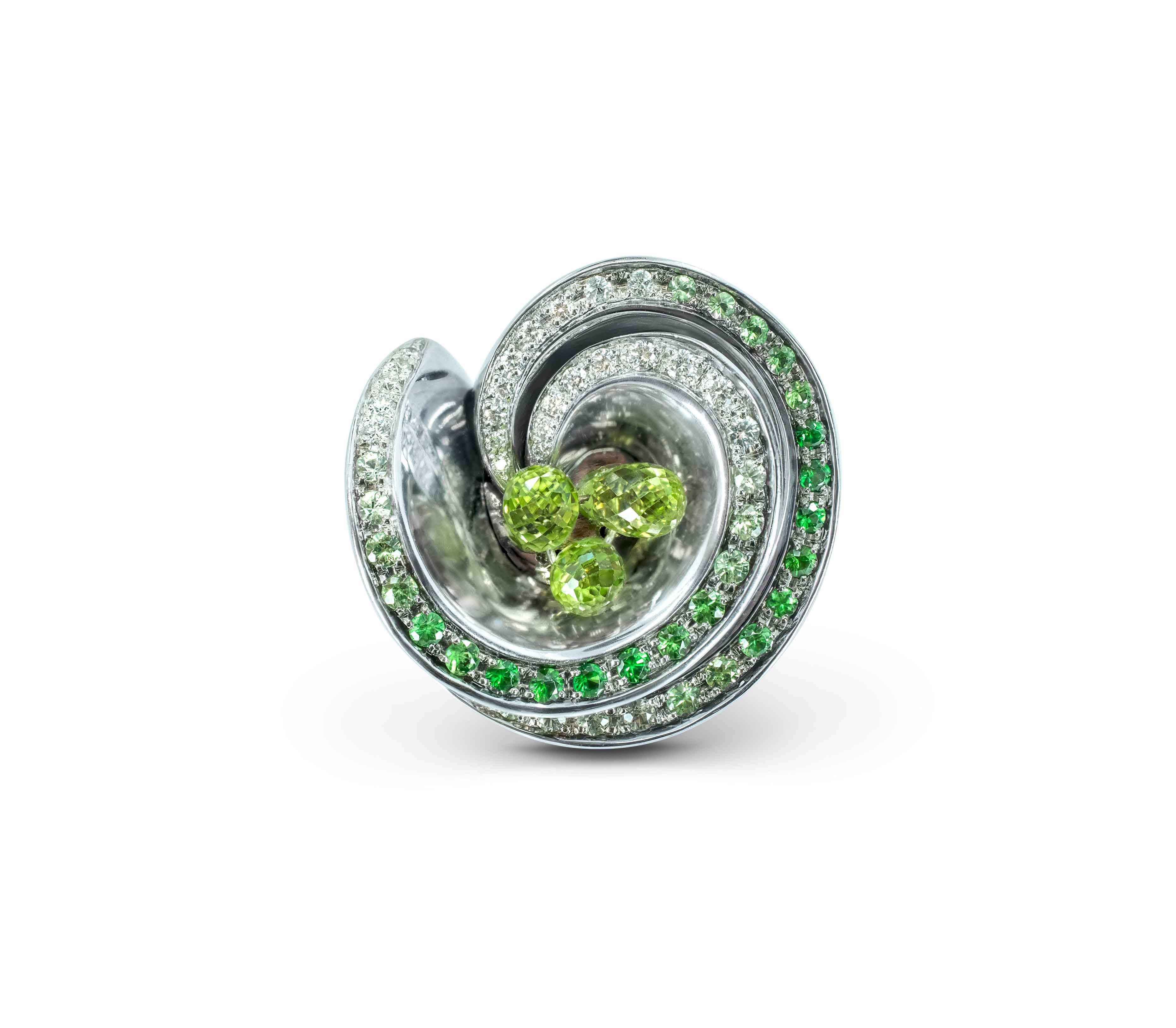 De Grisogono Chiocciola Emerald, Tsavorite, Peridot & Diamond Ring in 18K White Gold