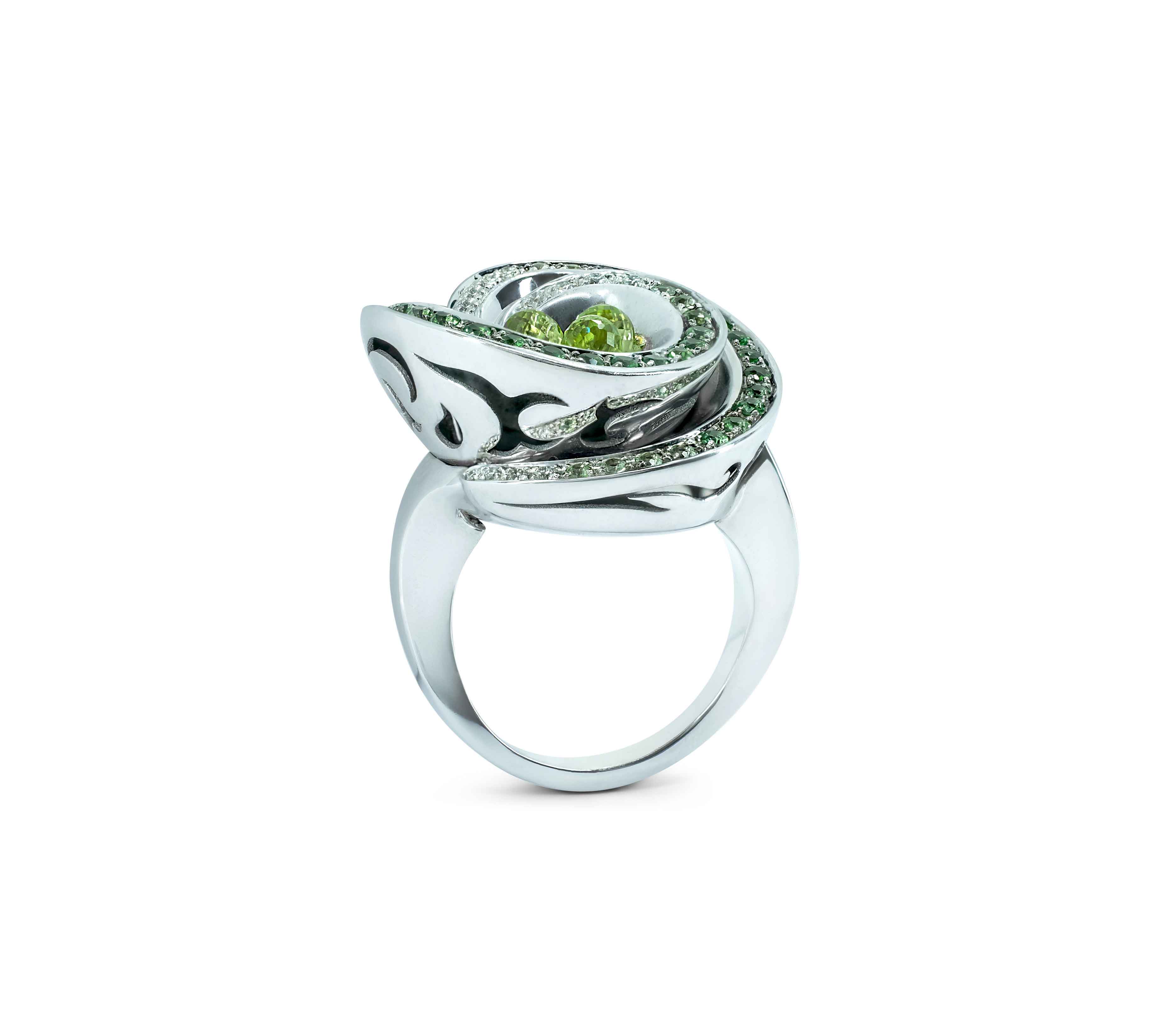 De Grisogono Chiocciola Emerald, Tsavorite, Peridot & Diamond Ring in 18K White Gold