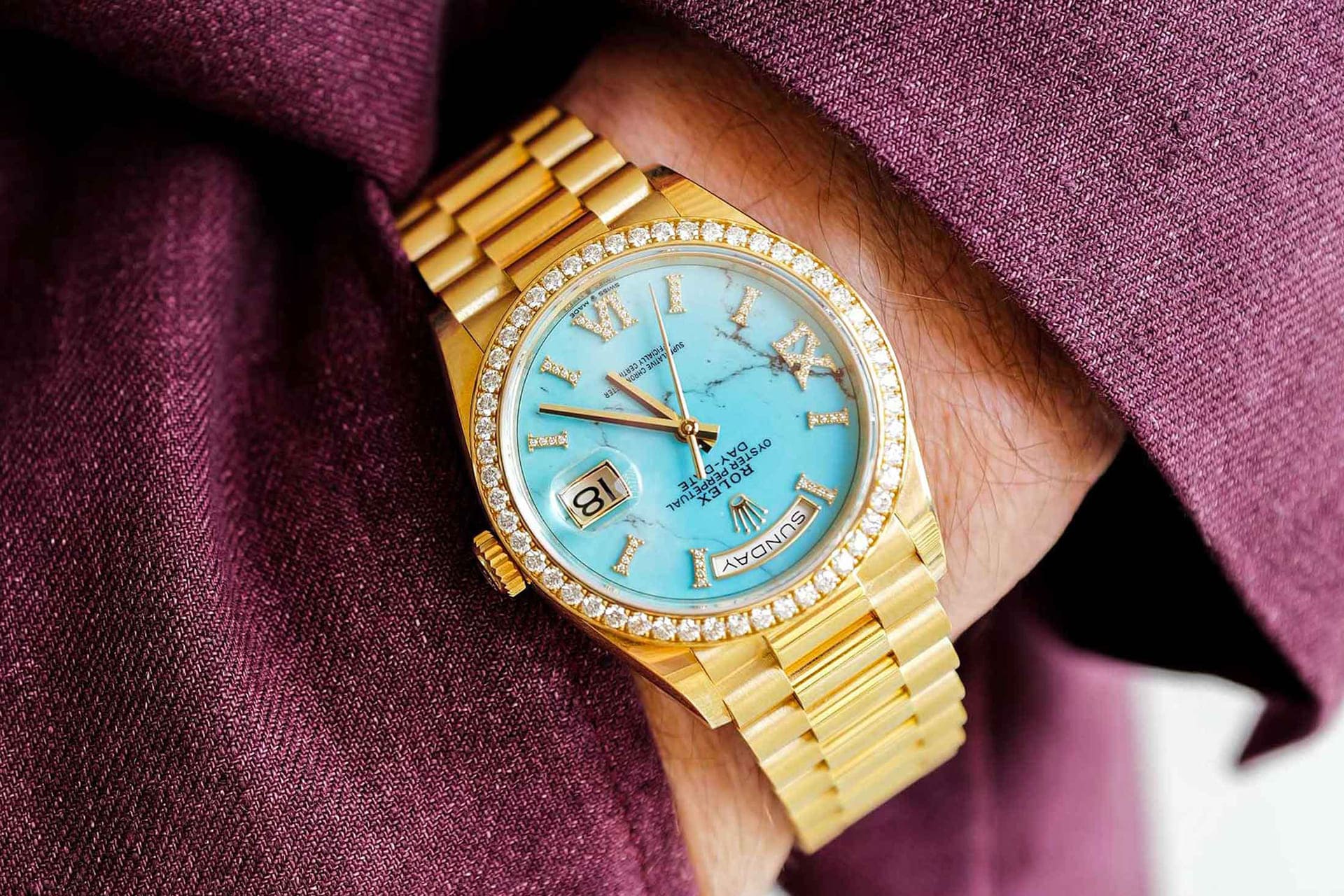 Rolex oyster perpetual day date on hand in pocket