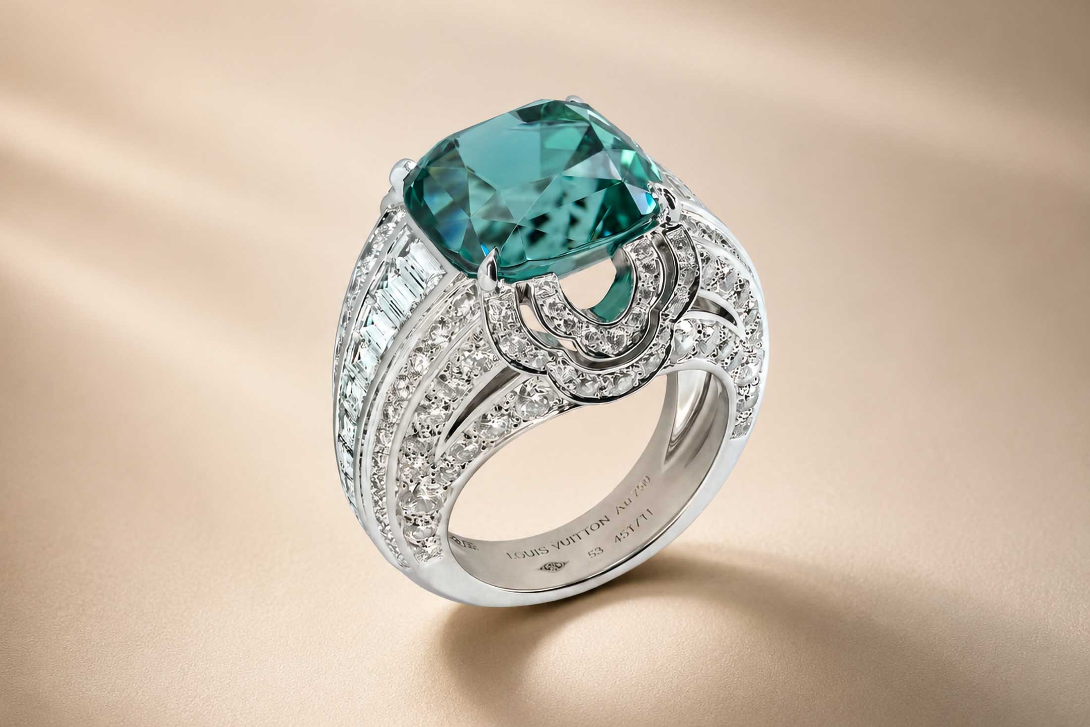 Louis Vuitton Cocktail Ring with Cushion-Cut Green Tourmaline & Diamonds in 18 Karat White Gold