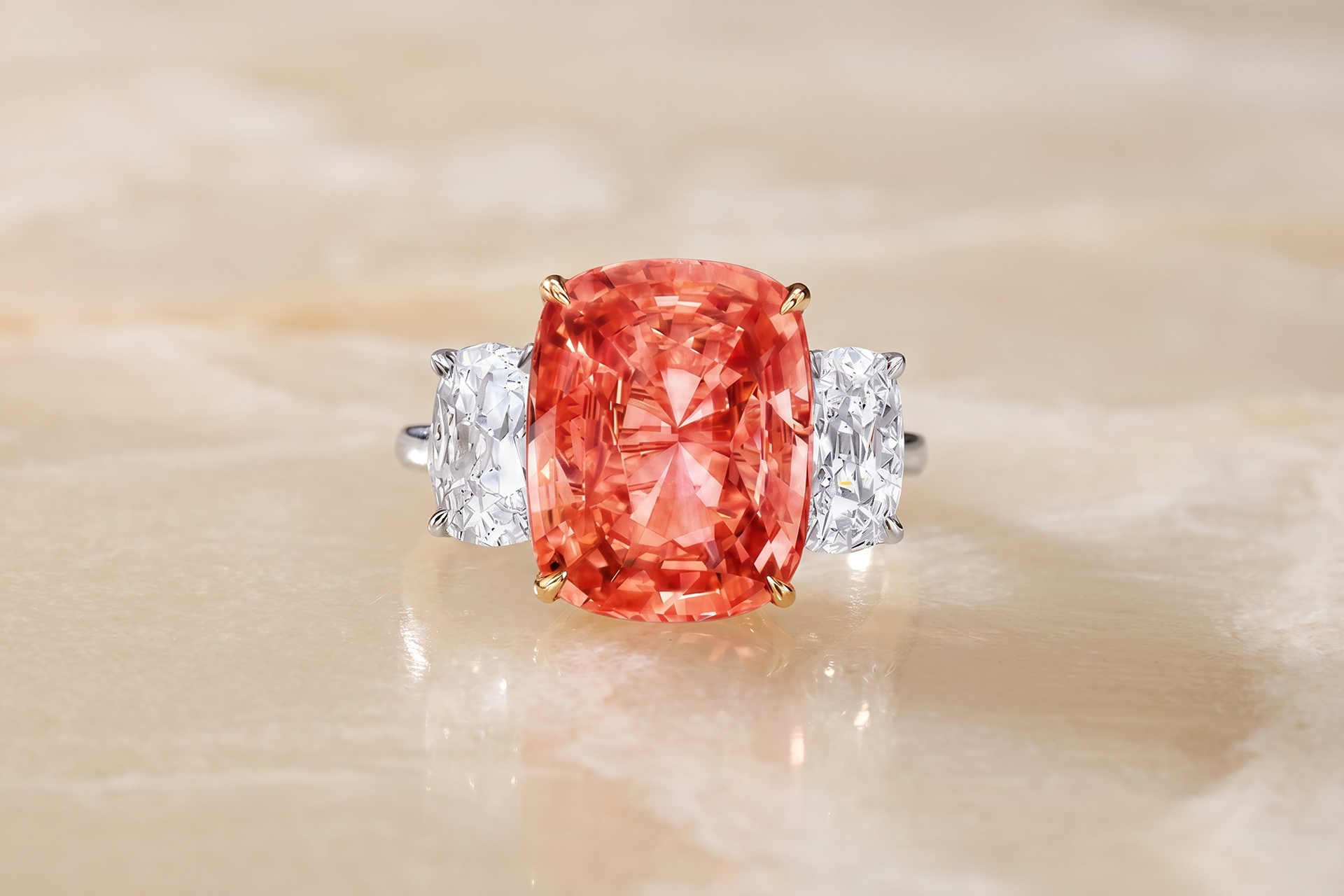 The 8.01-carat cushion-cut padparadscha, unheated. Sotheby's Hong Kong