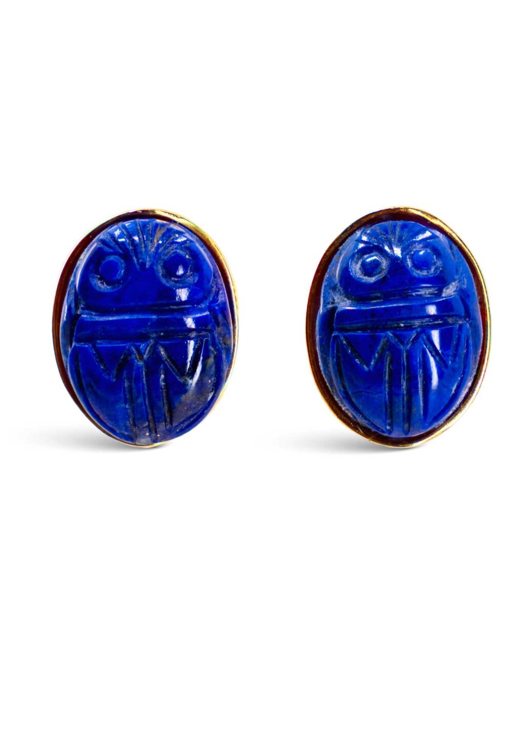 Egyptian Revival Gold Earrings with Carved Lapis Scarabs