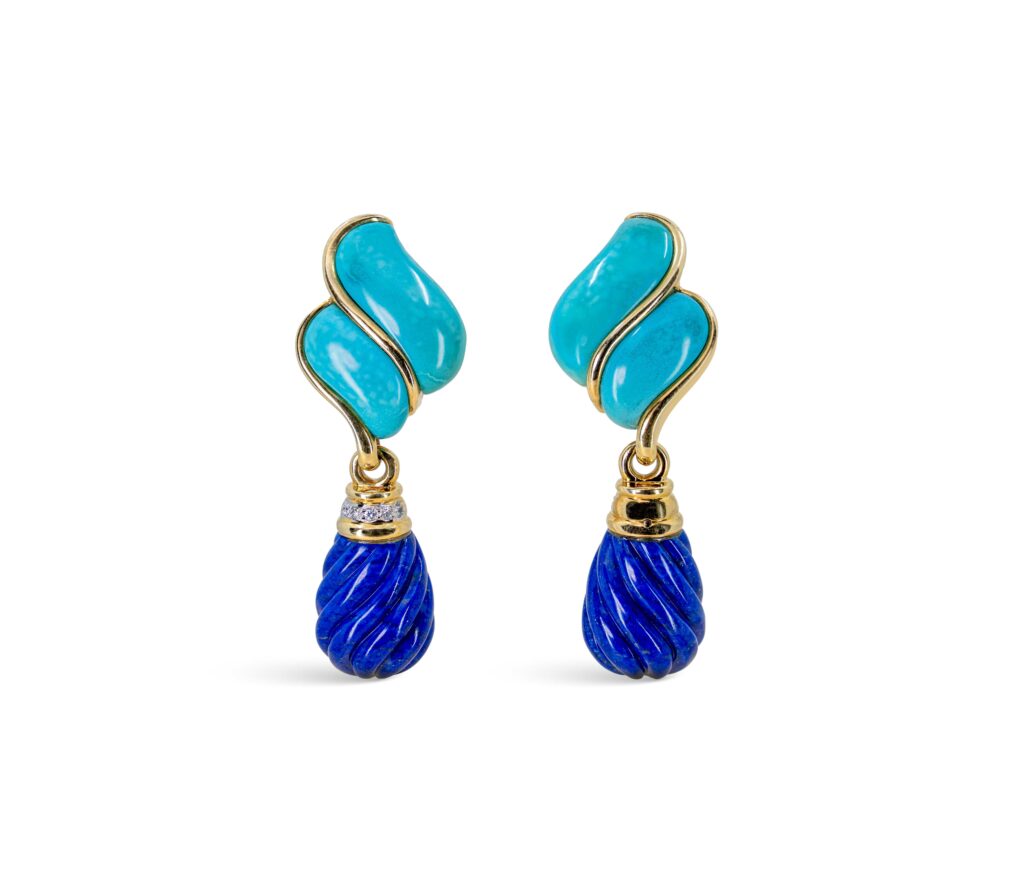 Ohrh&auml;nger der 1970er-Jahre mit Hartsteinen und Diamanten in T&uuml;rkis und Lapis, 18 Karat Gold